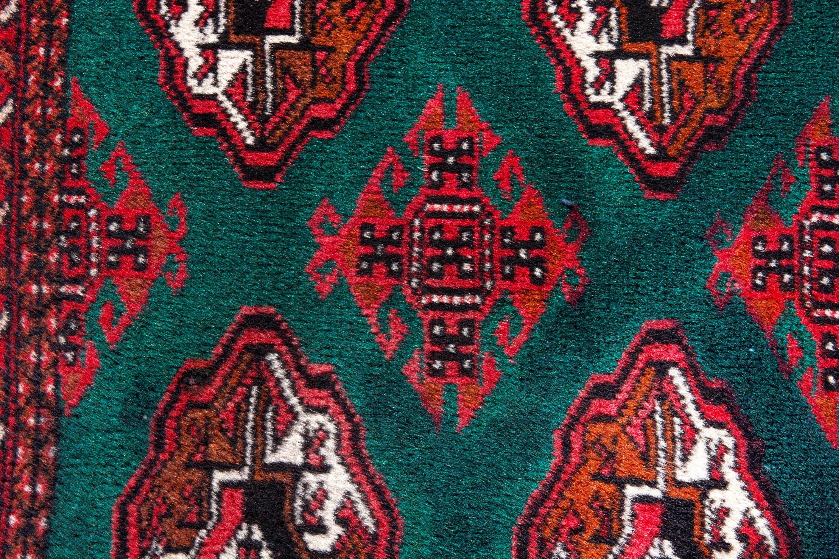 Persian Torkaman accent rug in burgundy and teal, view 11 of 16