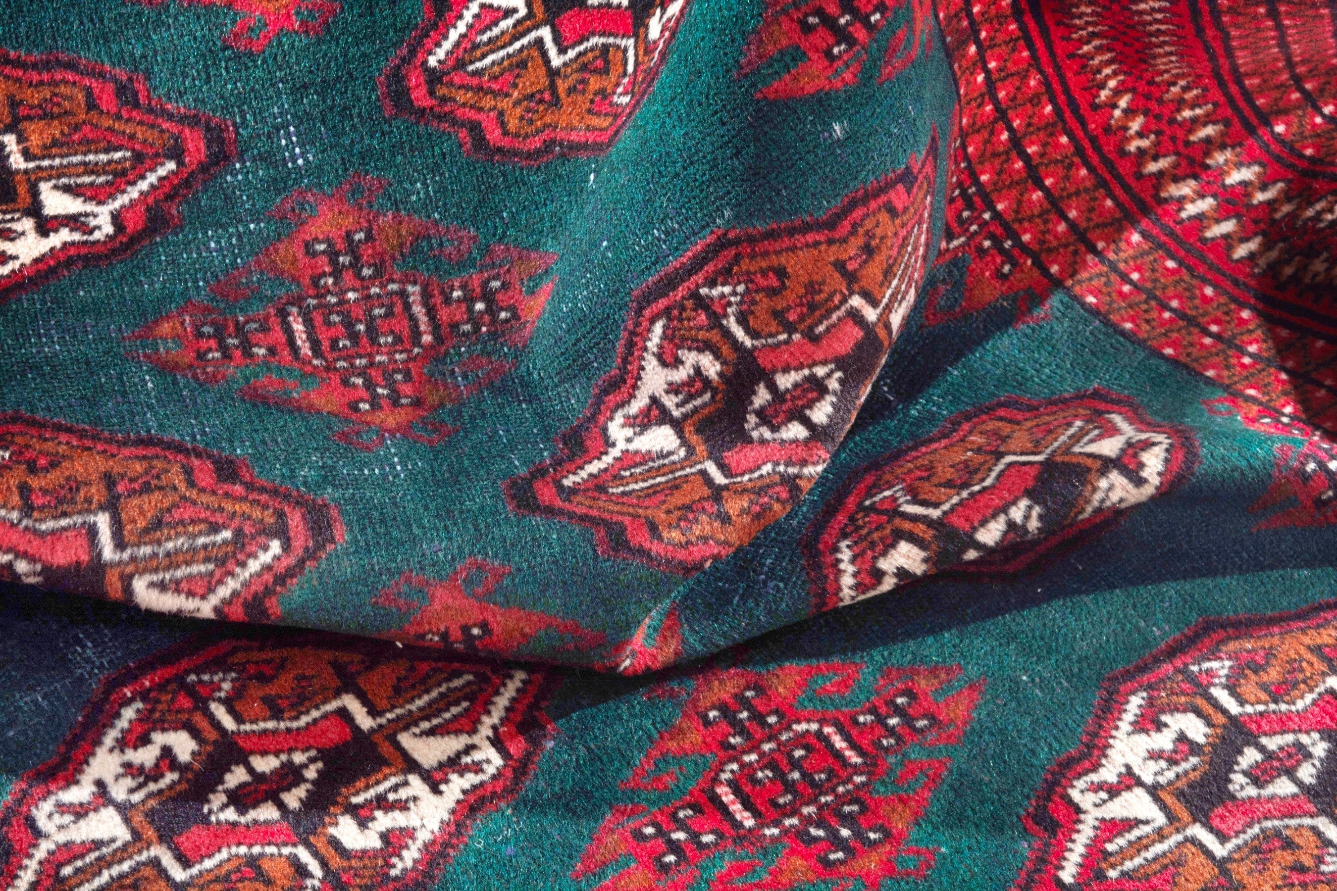 Persian Torkaman accent rug in burgundy and teal, view 13 of 16