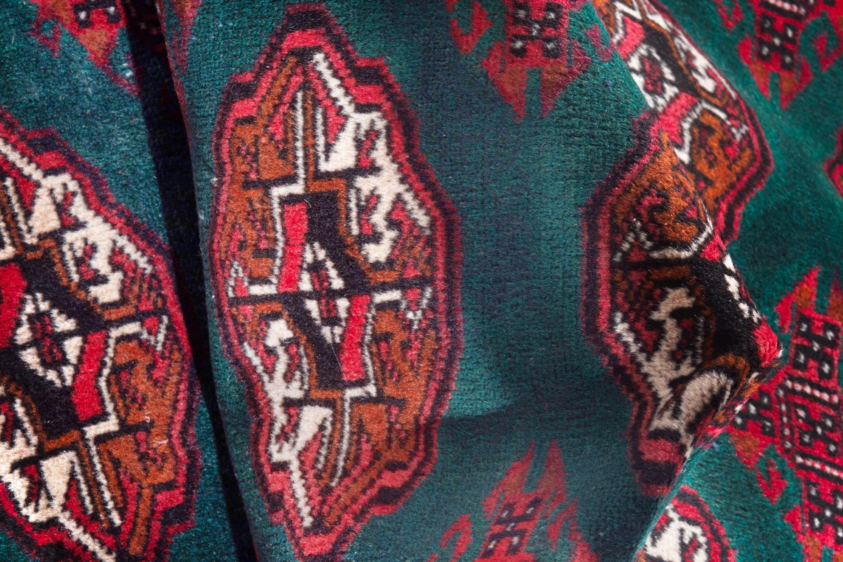 Persian Torkaman accent rug in burgundy and teal, view 14 of 16