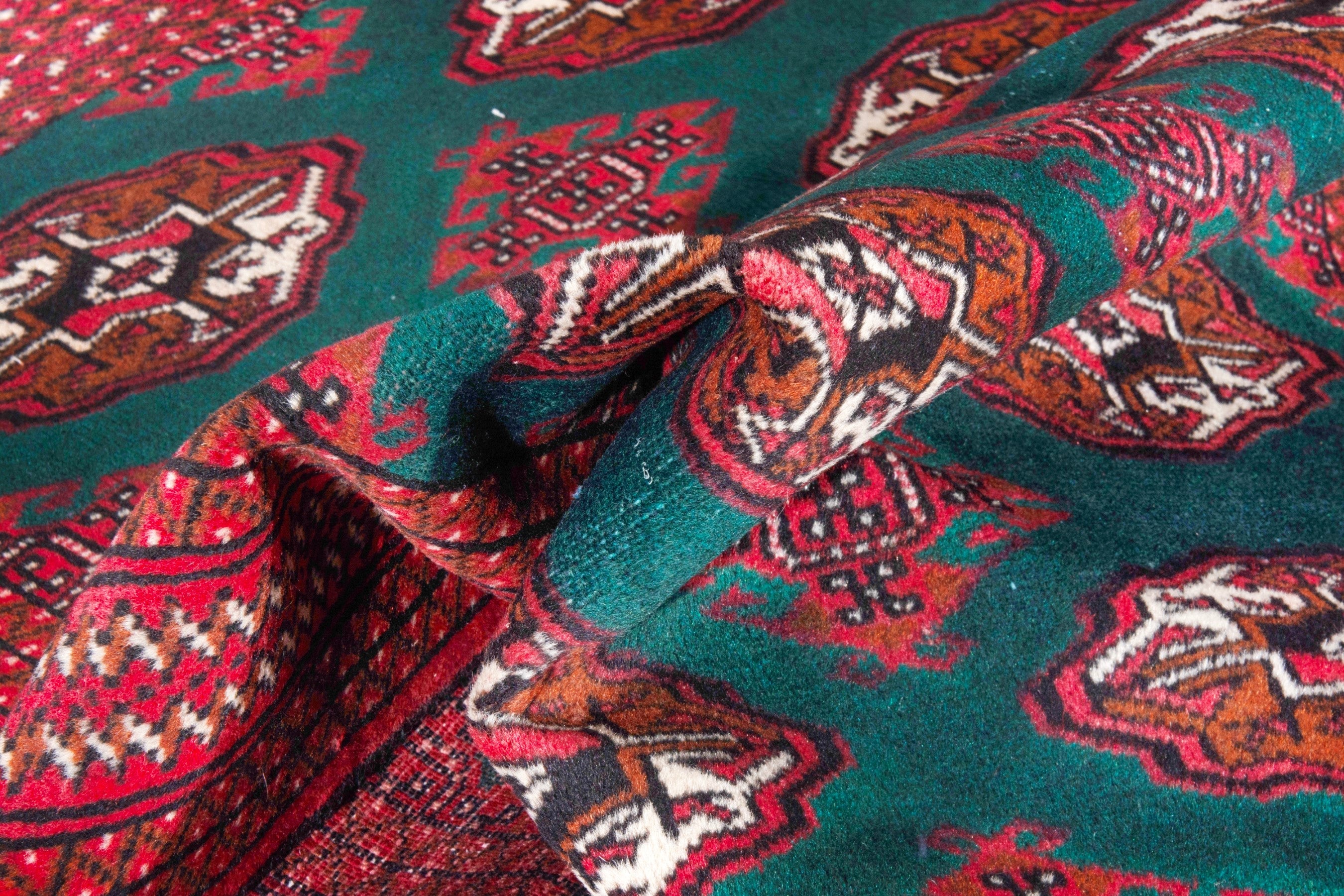 Persian Torkaman accent rug in burgundy and teal, view 15 of 16