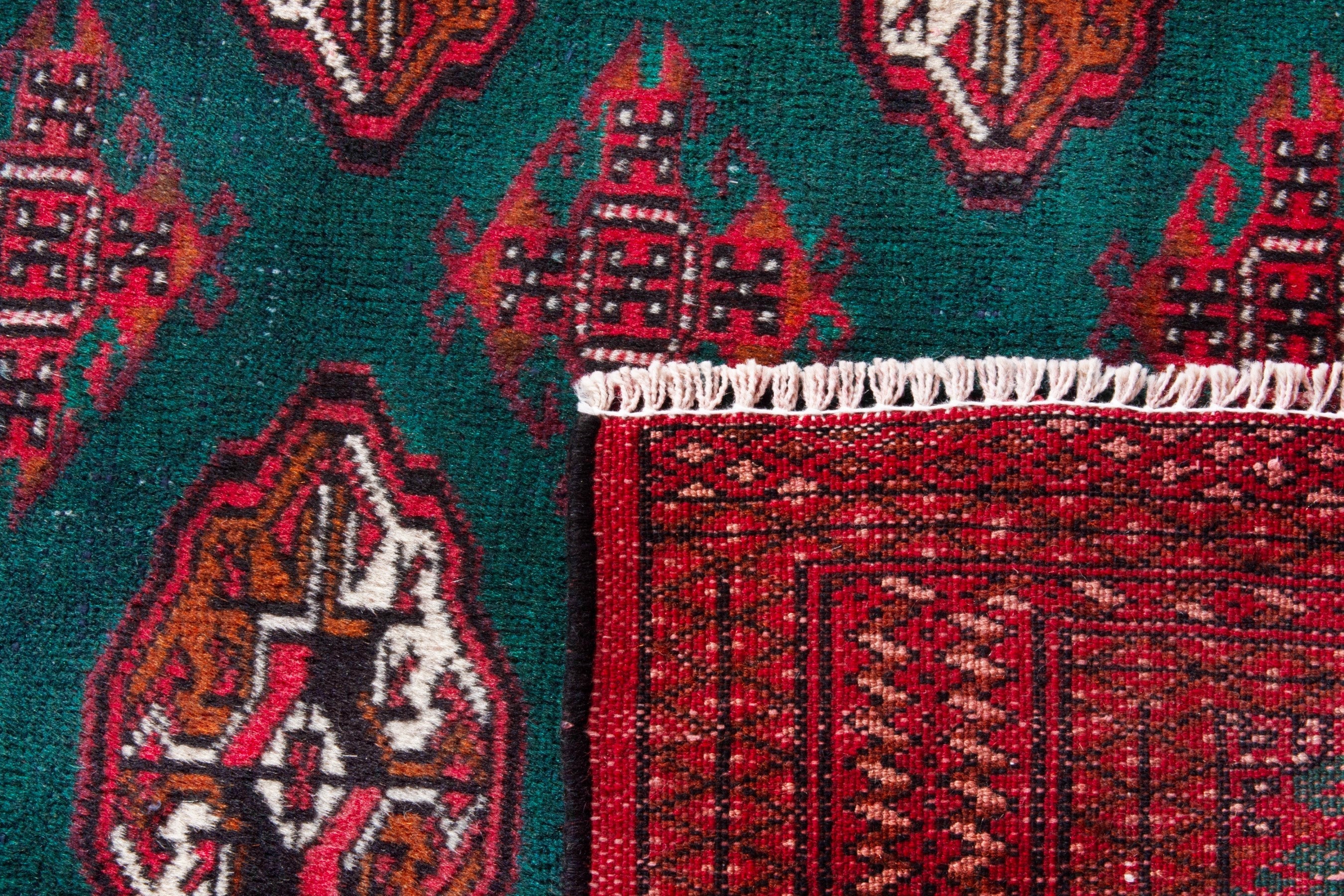 Persian Torkaman accent rug in burgundy and teal, view 16 of 16