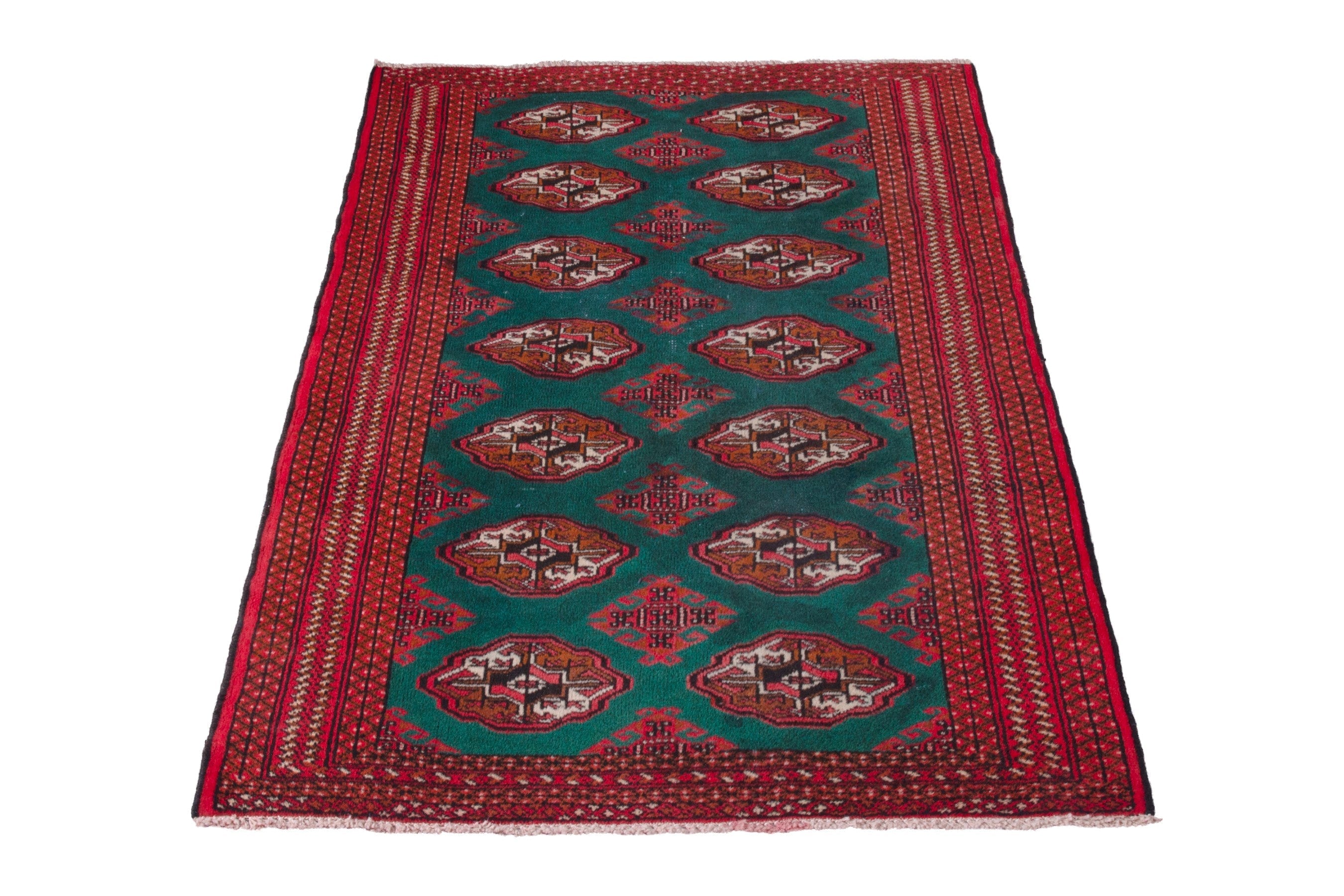 Persian Torkaman accent rug in burgundy and teal, view 2 of 16