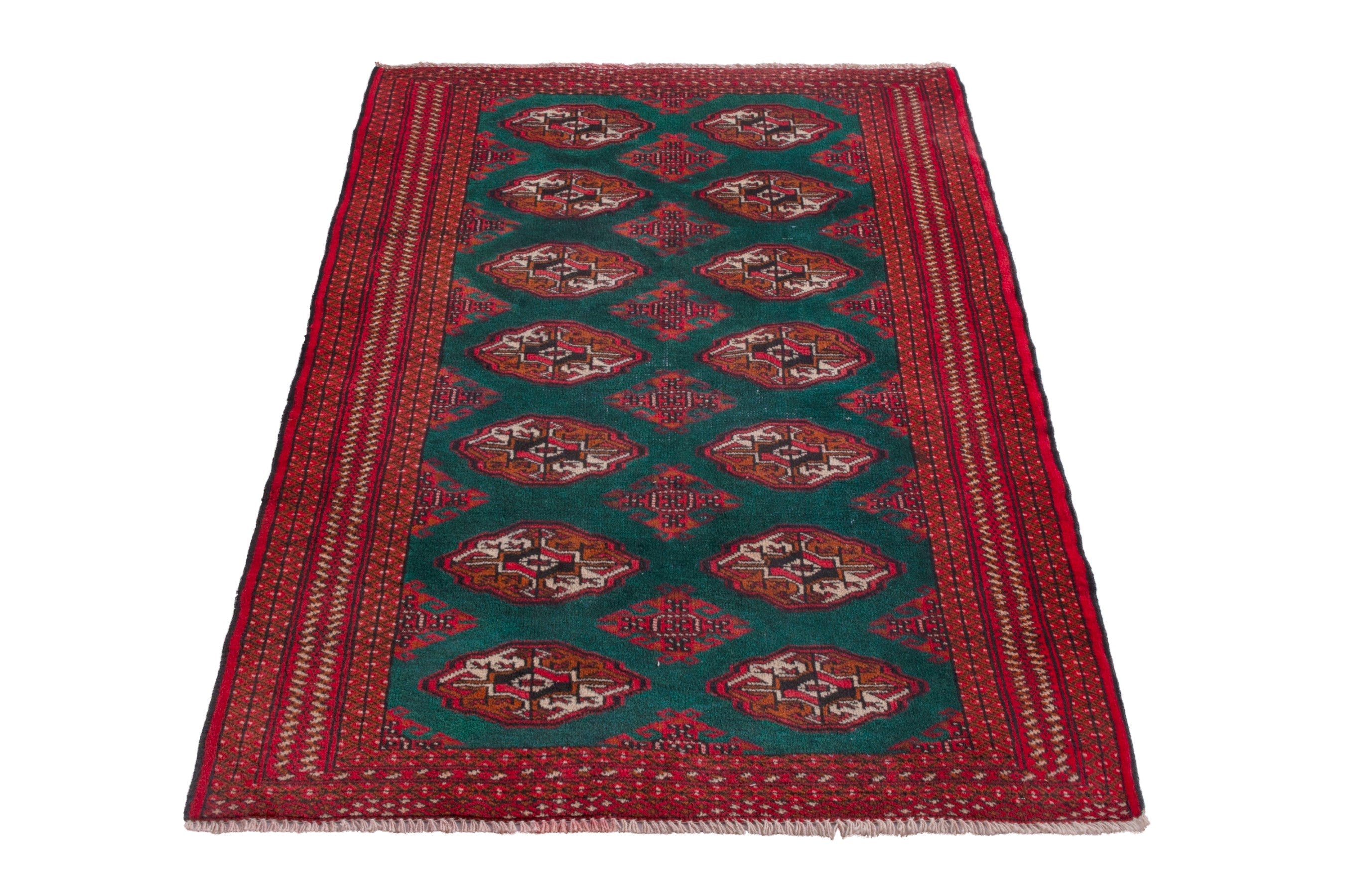 Persian Torkaman accent rug in burgundy and teal, view 3 of 16