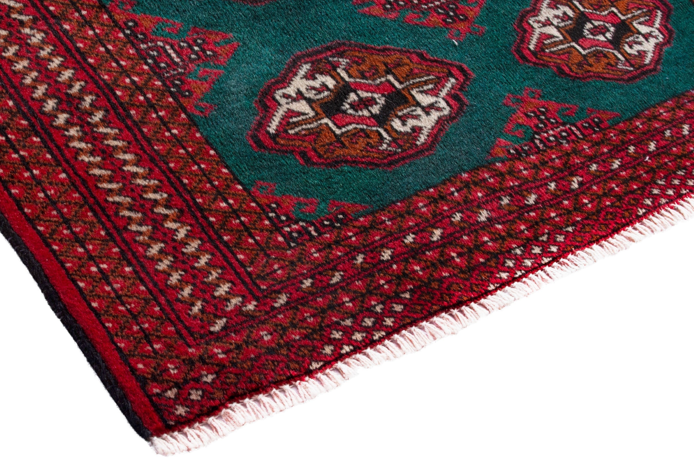 Persian Torkaman accent rug in burgundy and teal, view 4 of 16