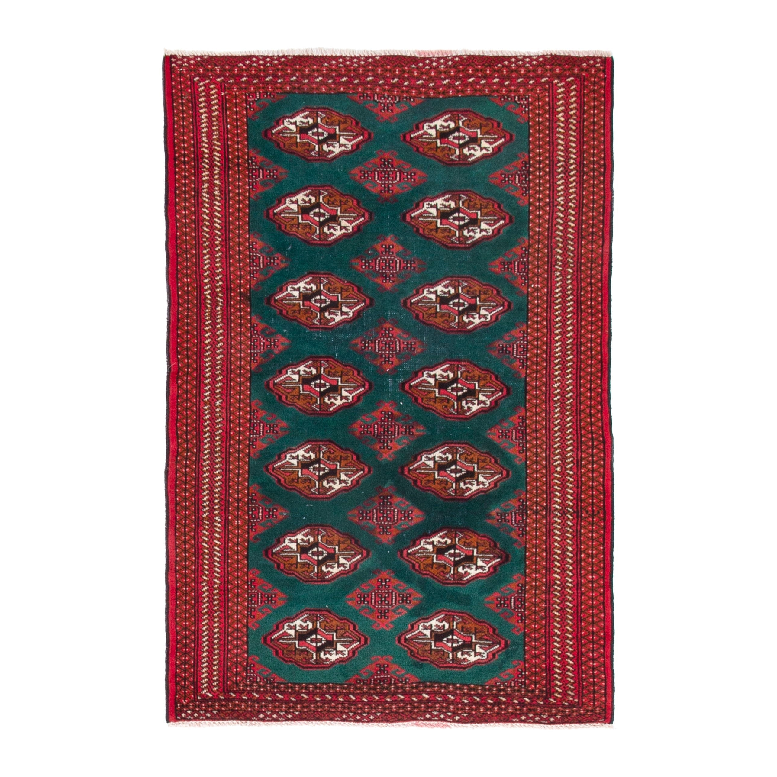 Persian Torkaman accent rug in burgundy and teal, 3'3" x 4'11"