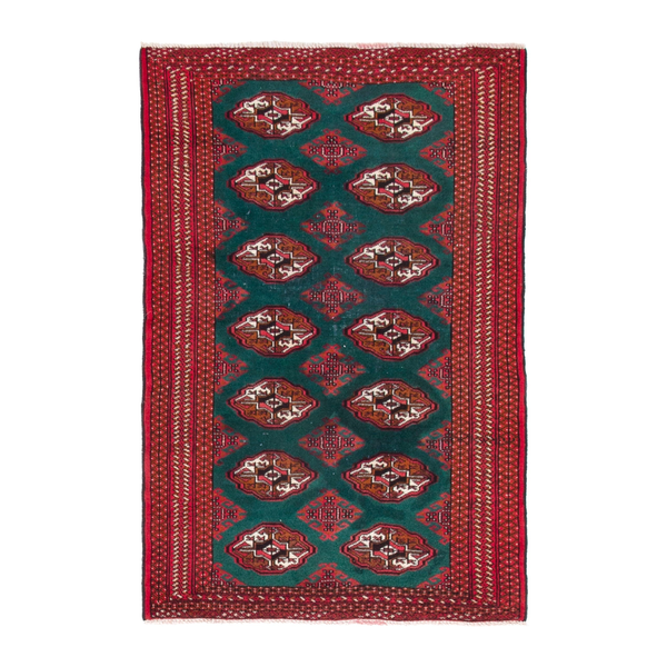 Persian Torkaman accent rug in burgundy and teal, 3'3" x 4'11"