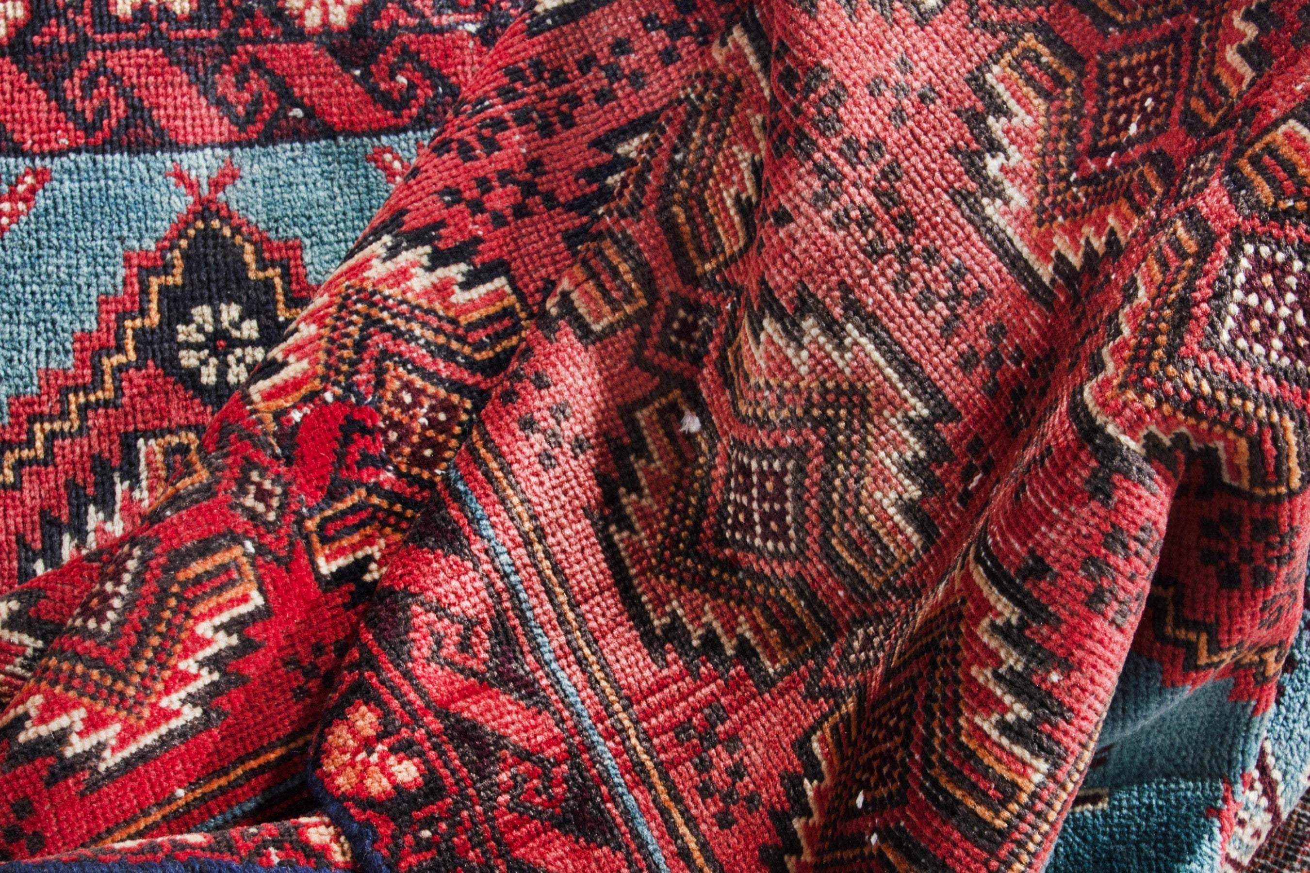 Persian Torkaman accent rug in deep red and faded red, view 14 of 17