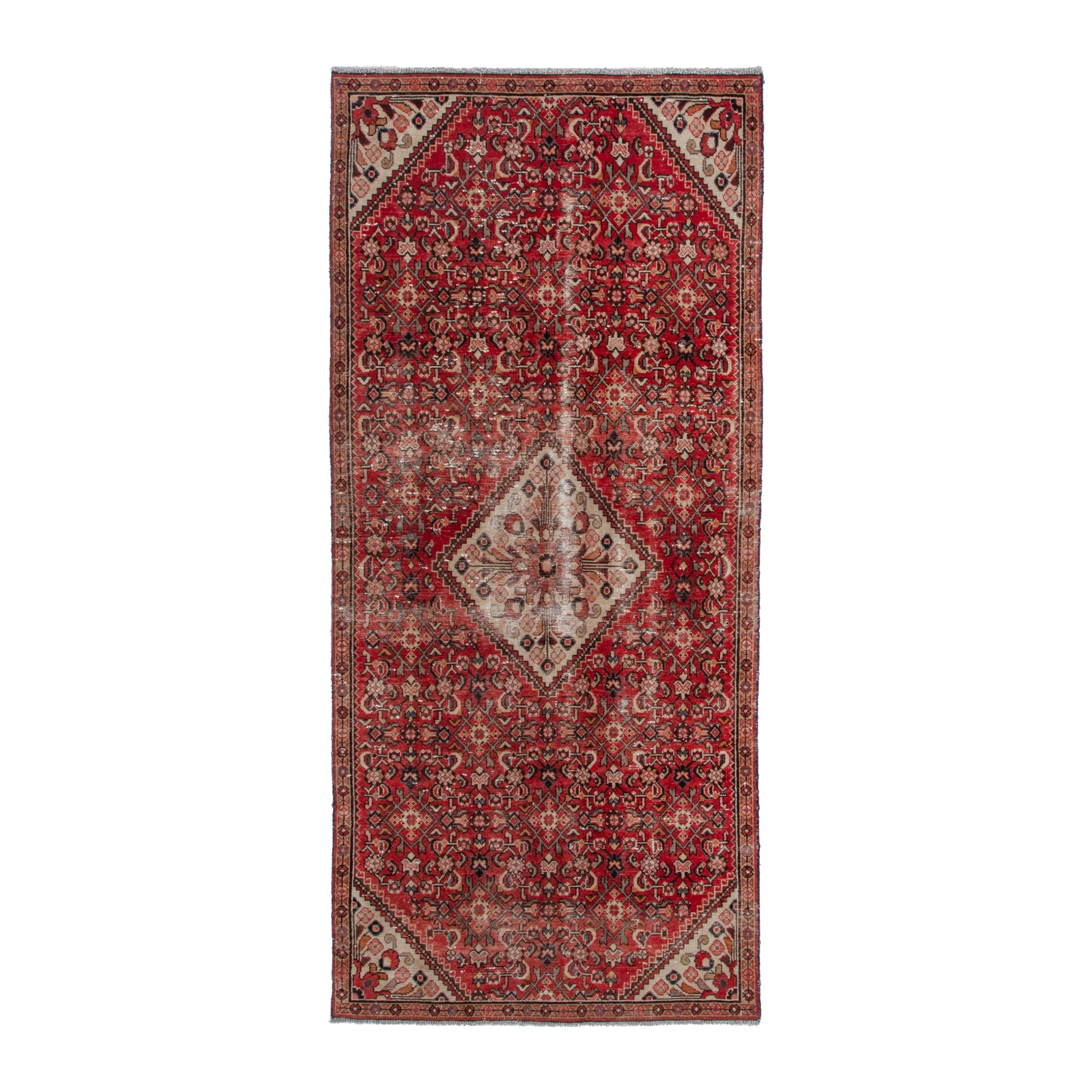 Persian Hosseinabad area rug in deep red and cream, 4'2" x 9'4"