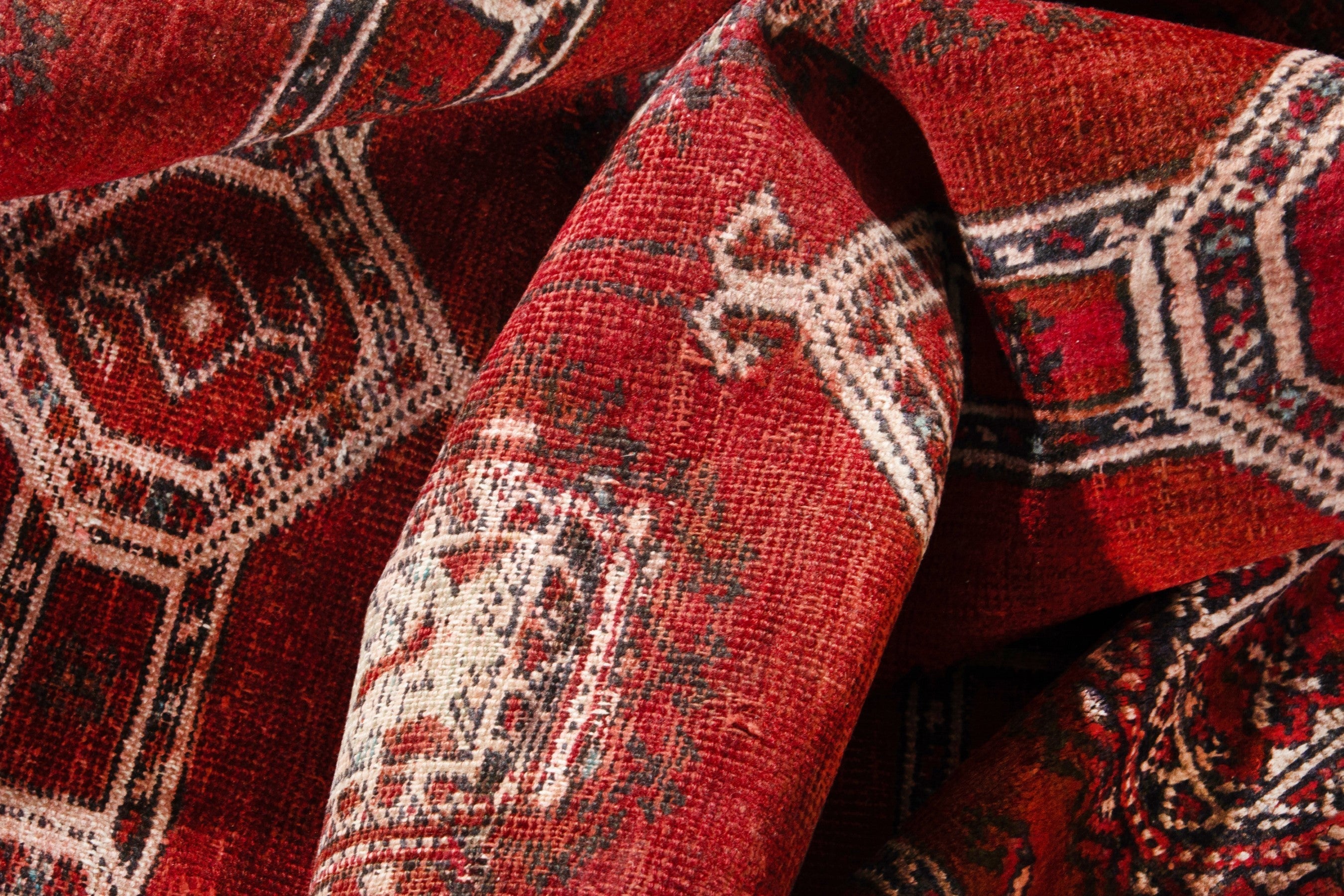Persian Torkaman accent rug in deep red and cream, view 16 of 17