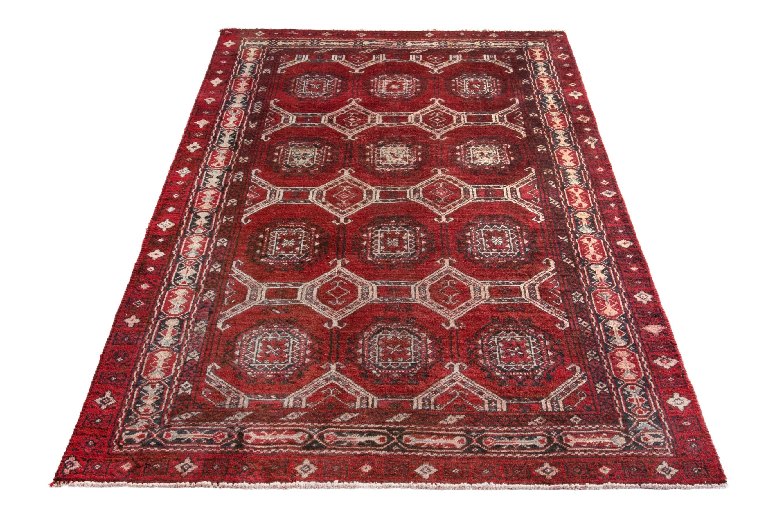 Persian Torkaman accent rug in deep red and cream, view 2 of 17