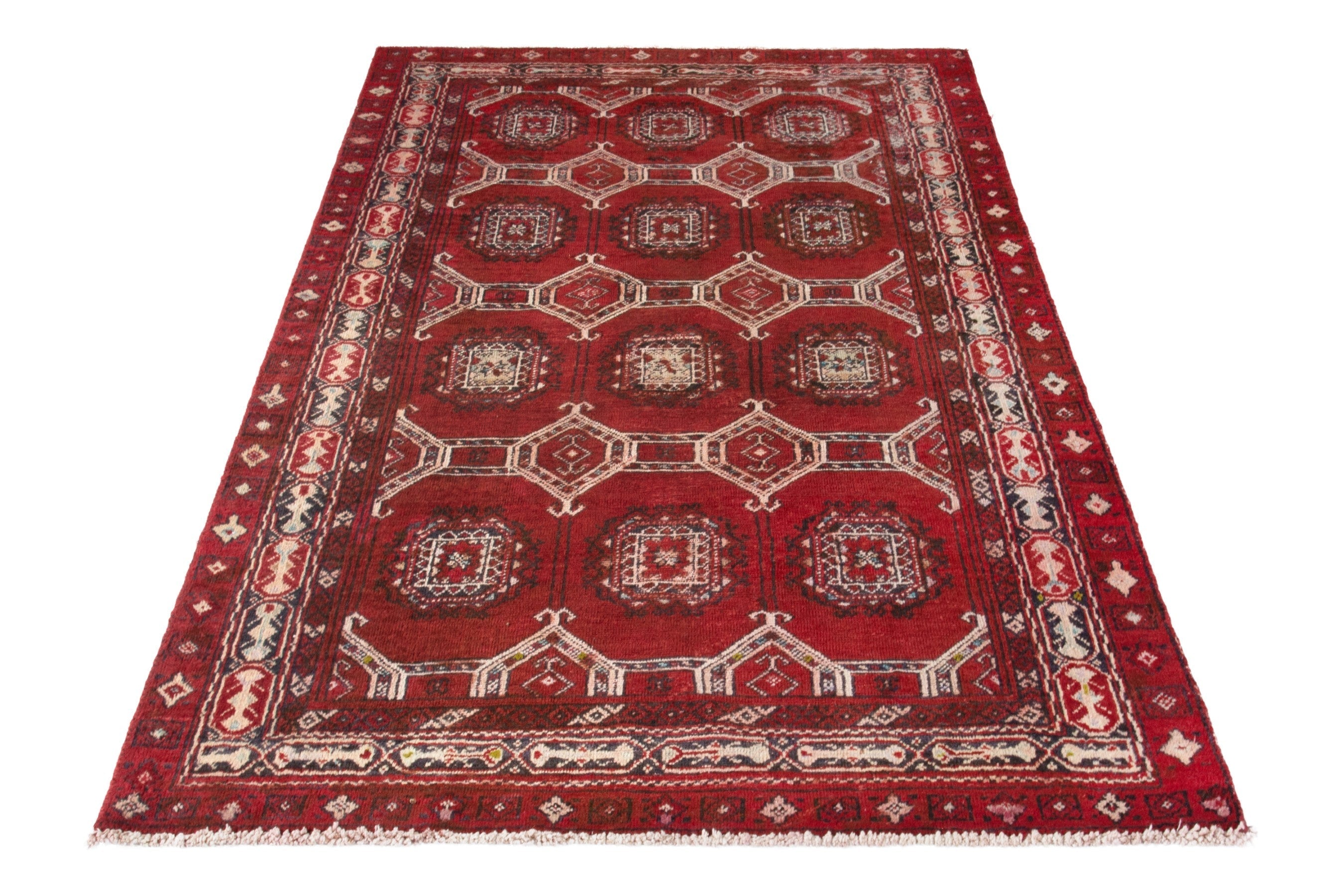 Persian Torkaman accent rug in deep red and cream, view 3 of 17