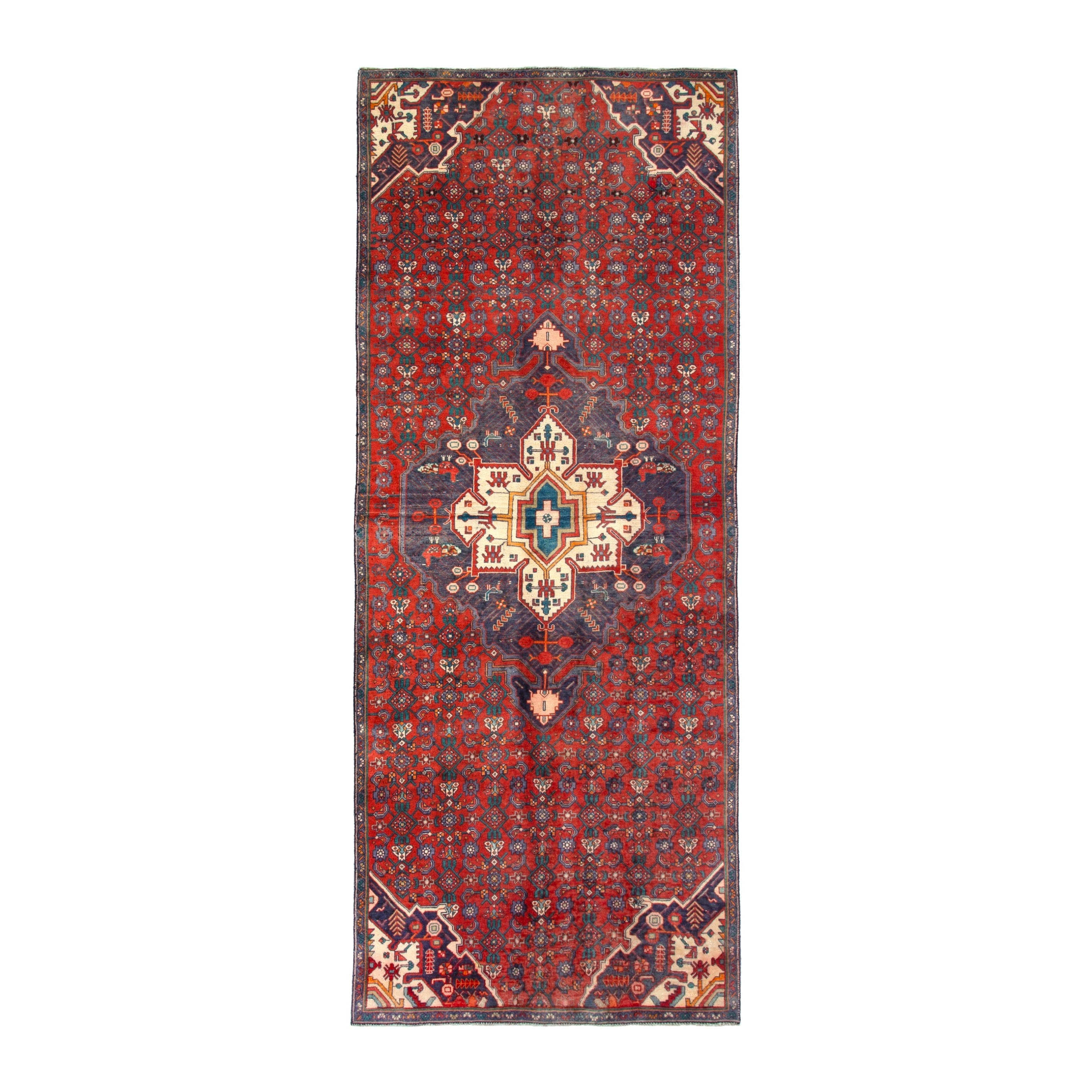 Persian Hamedan runner rug in deep red and cream, 3'11" x 9'9"