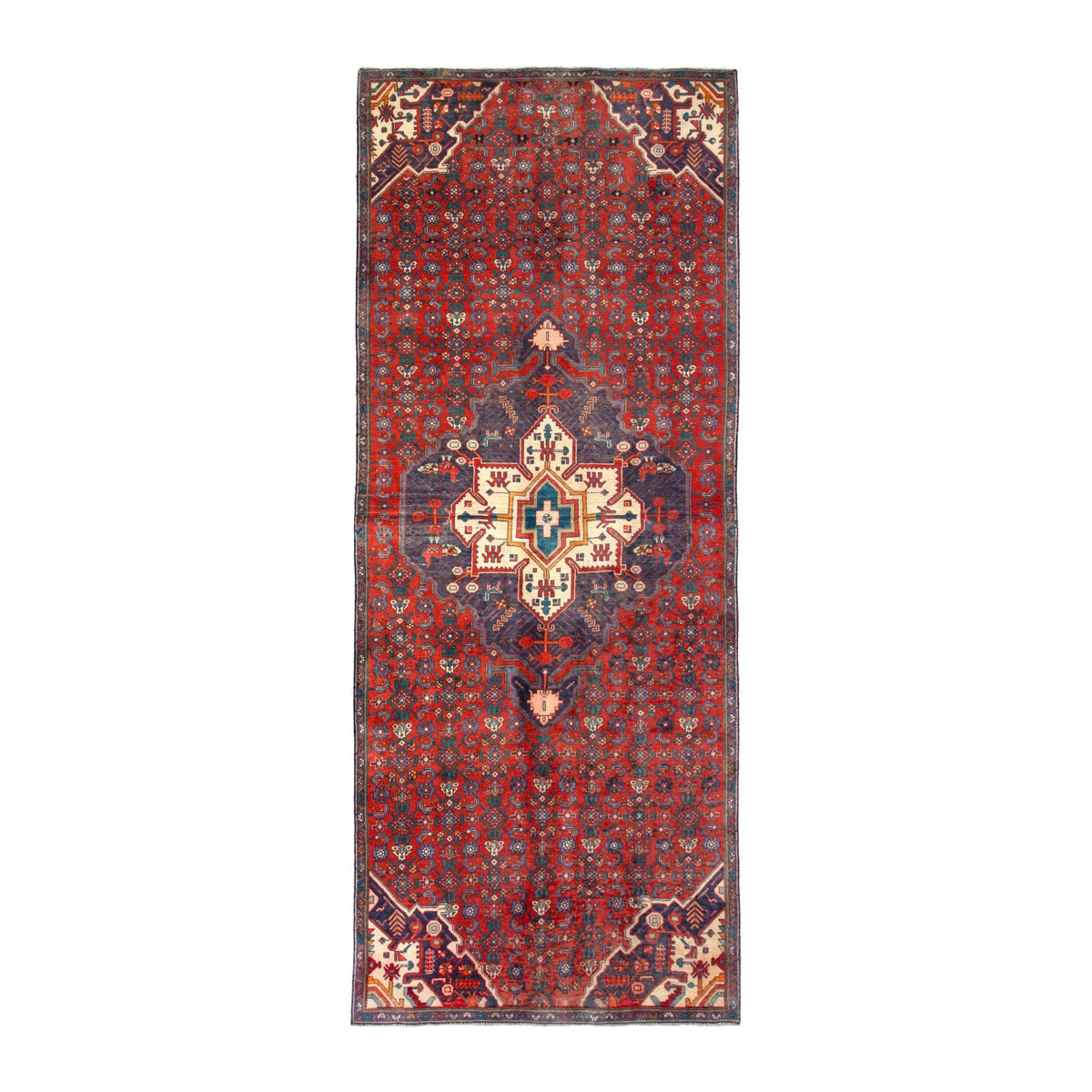 Persian Hamedan runner rug in deep red and cream, 3'11" x 9'9"