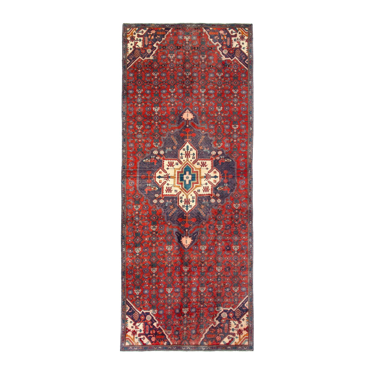 Persian Hamedan runner rug in deep red and cream, 3'11" x 9'9"