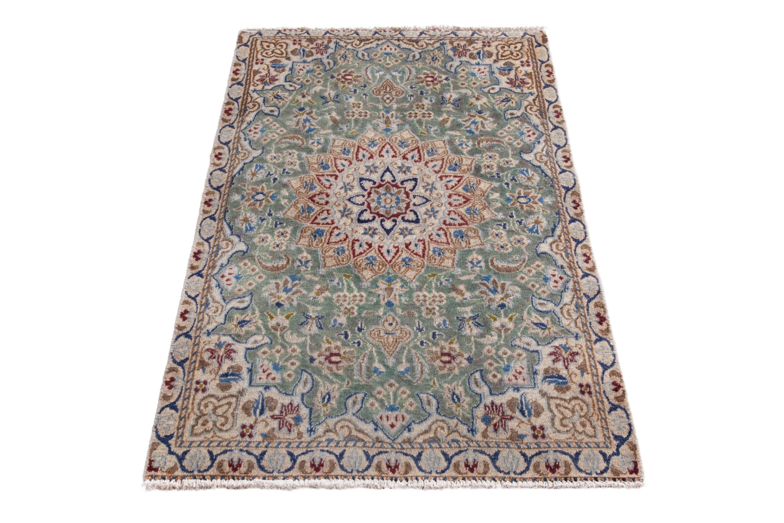 Persian Nain accent rug in sage and terracotta, view 2 of 16