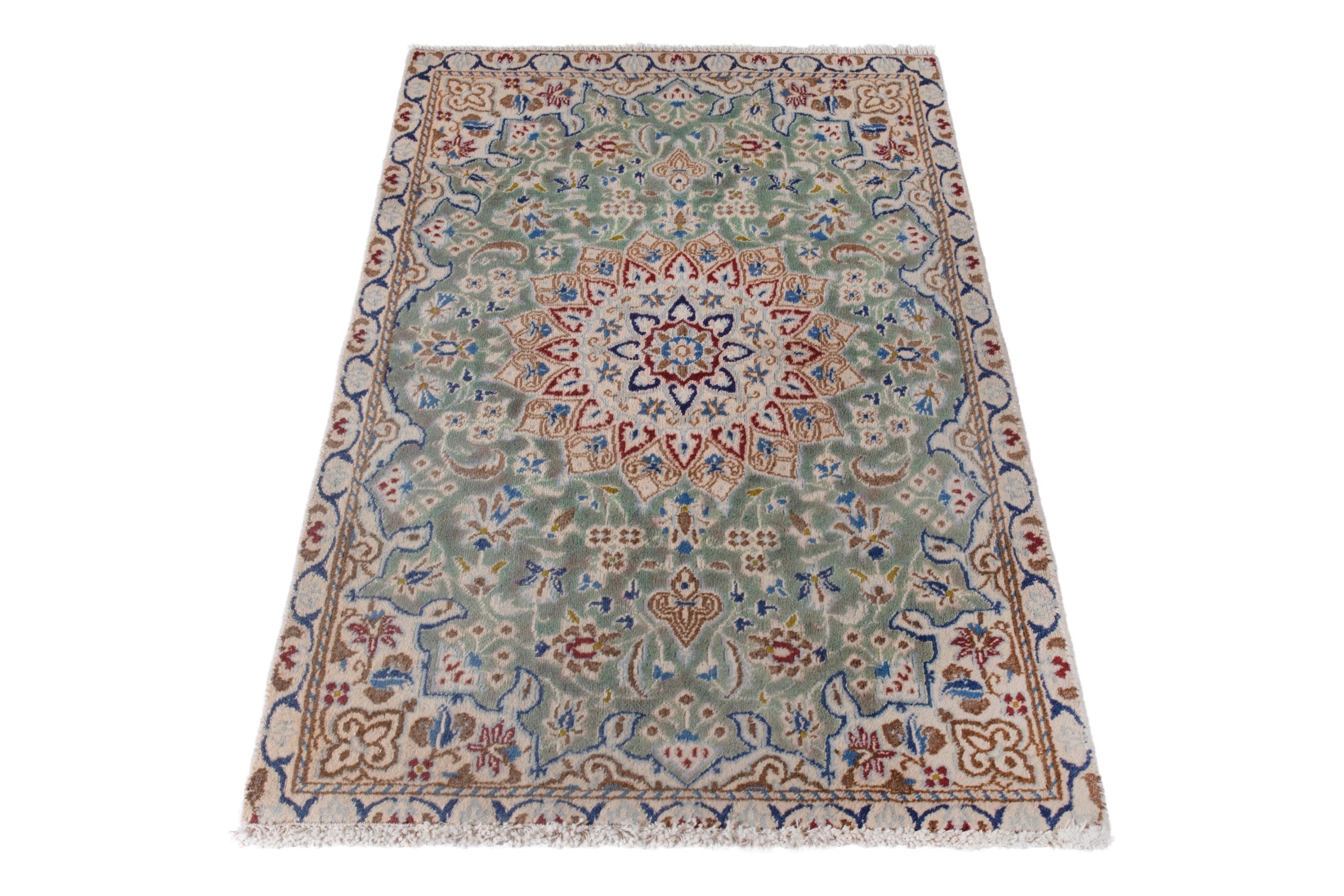 Persian Nain accent rug in sage and terracotta, view 3 of 16
