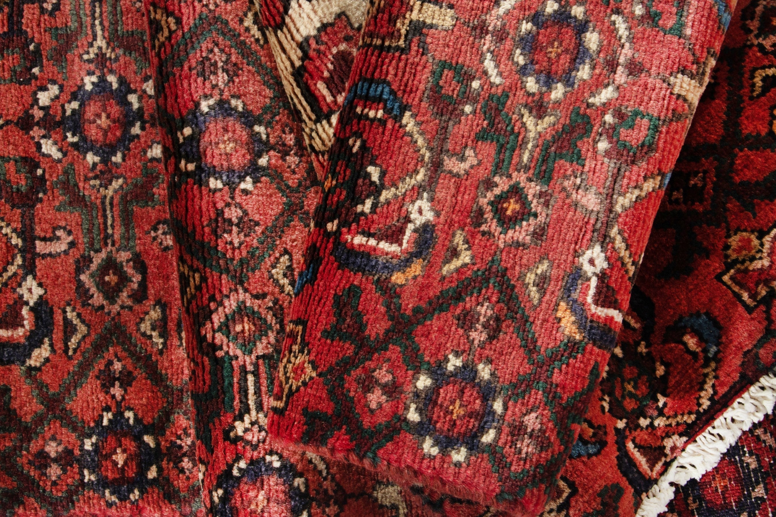 Persian Hosseinabad runner rug in deep red and muted pink, view 16 of 18
