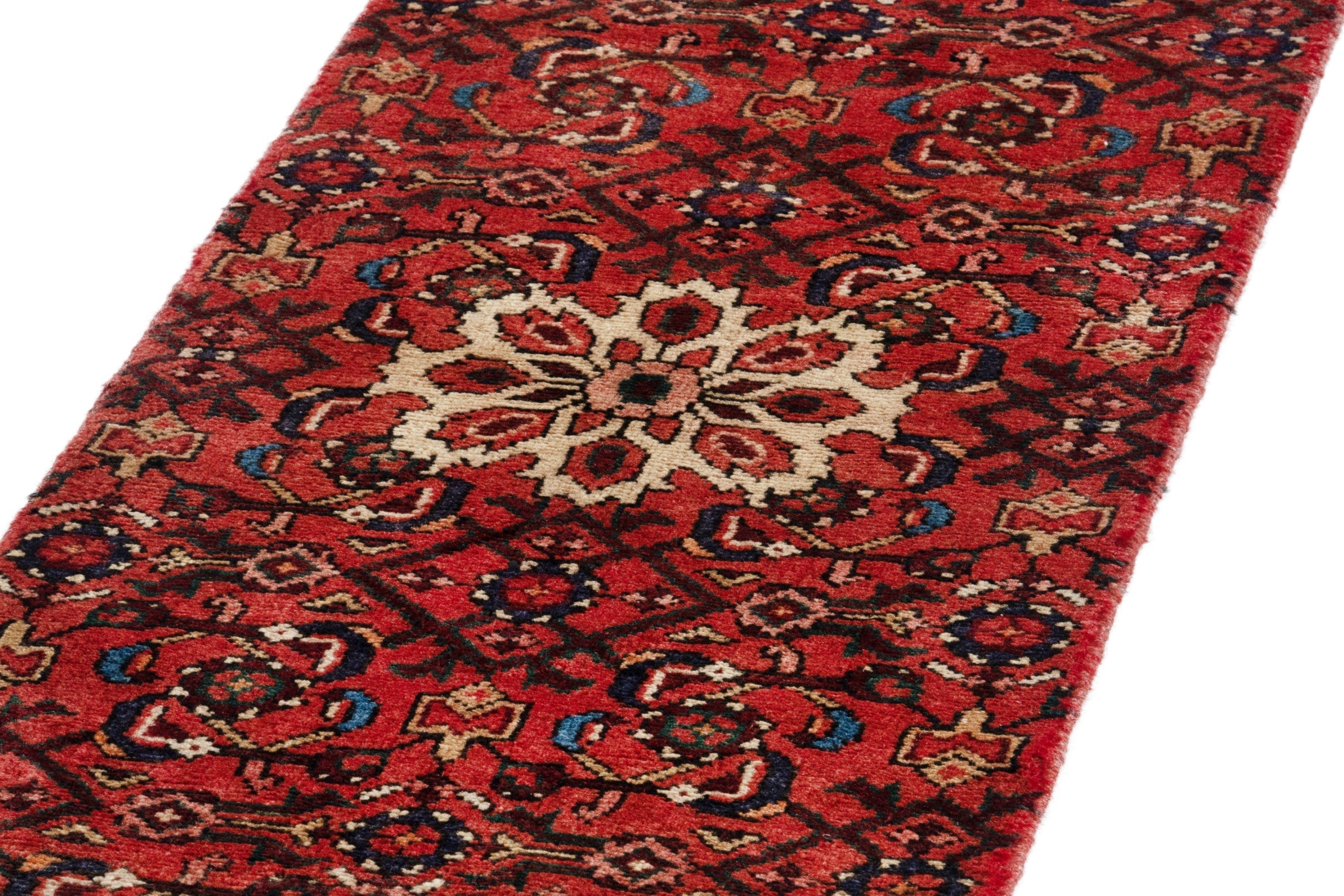 Persian Hosseinabad runner rug in deep red and muted pink, view 9 of 18