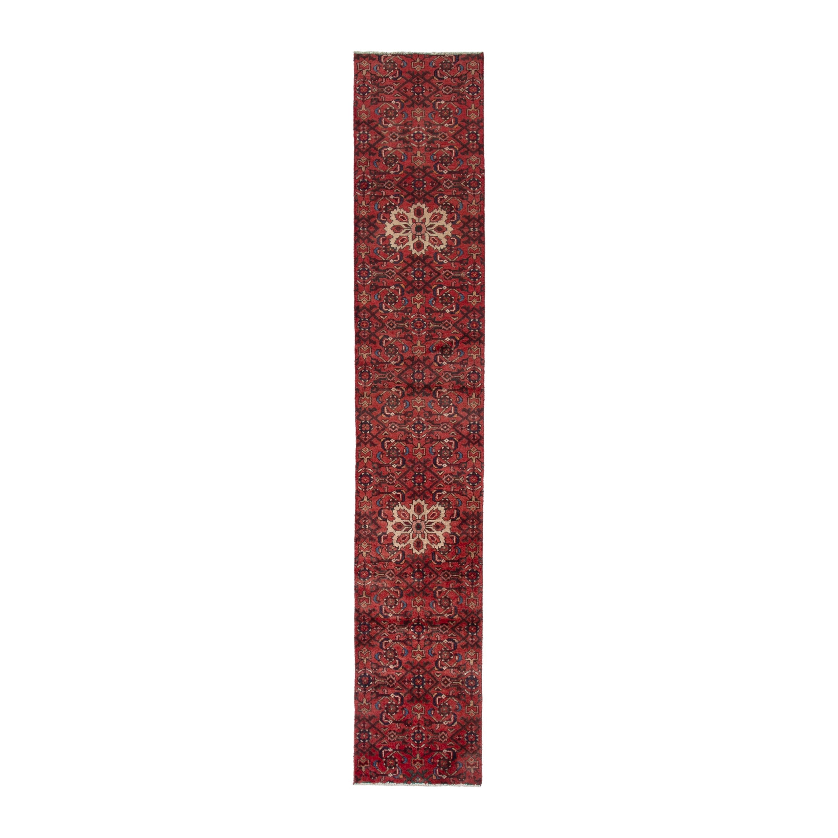 Persian Hosseinabad runner rug in deep red and muted pink, 1'7" x 9'2"
