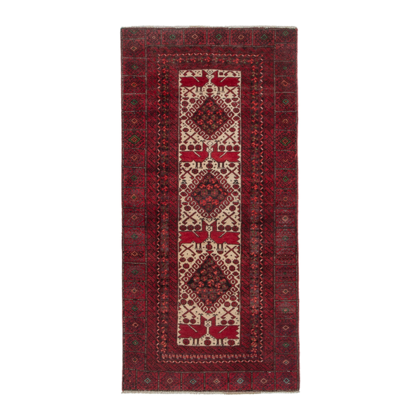 Persian Baluch runner rug in burgundy and cream, 2'7" x 5'9"