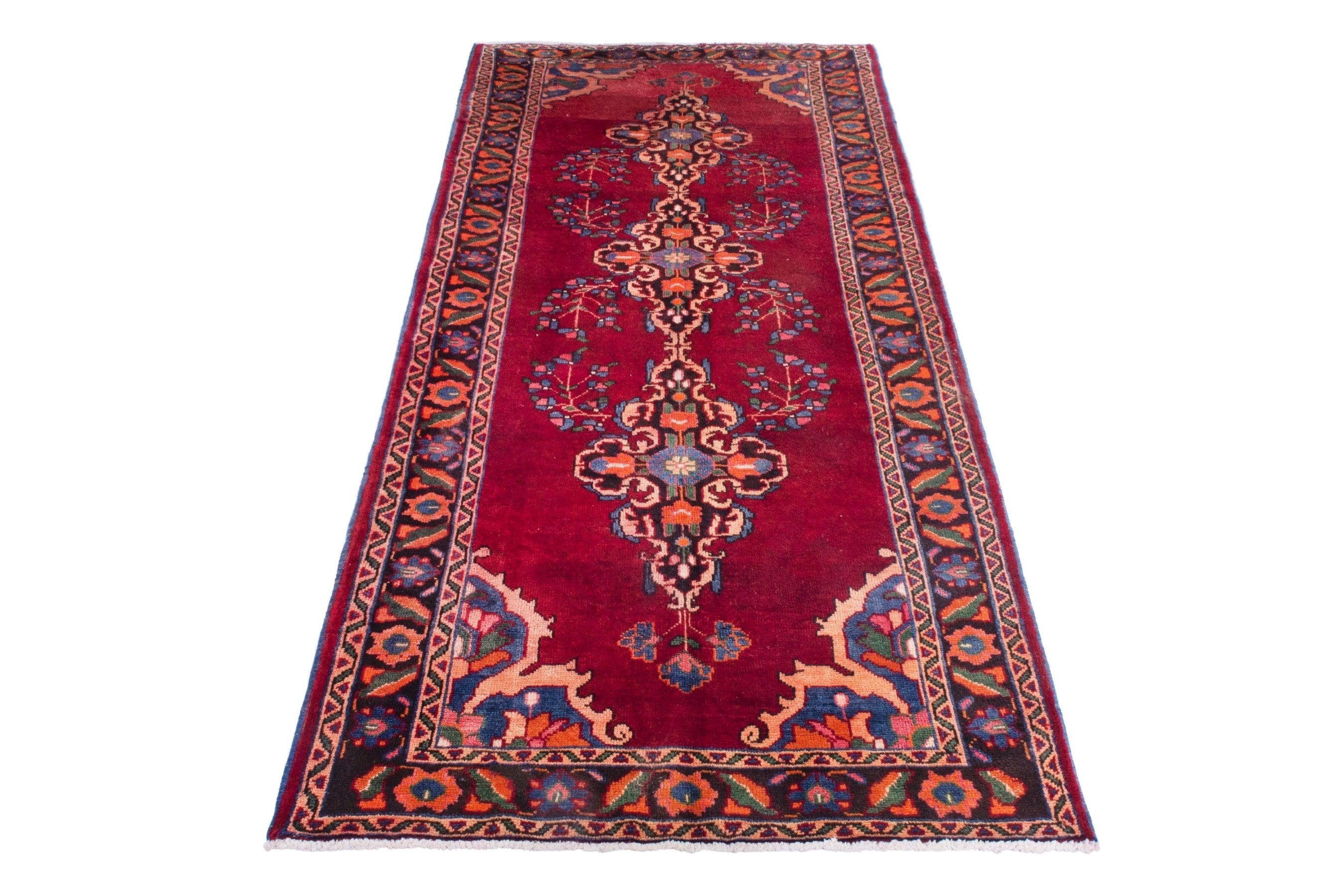 Persian Hamedan runner rug in deep red and burnt orange, view 3 of 21