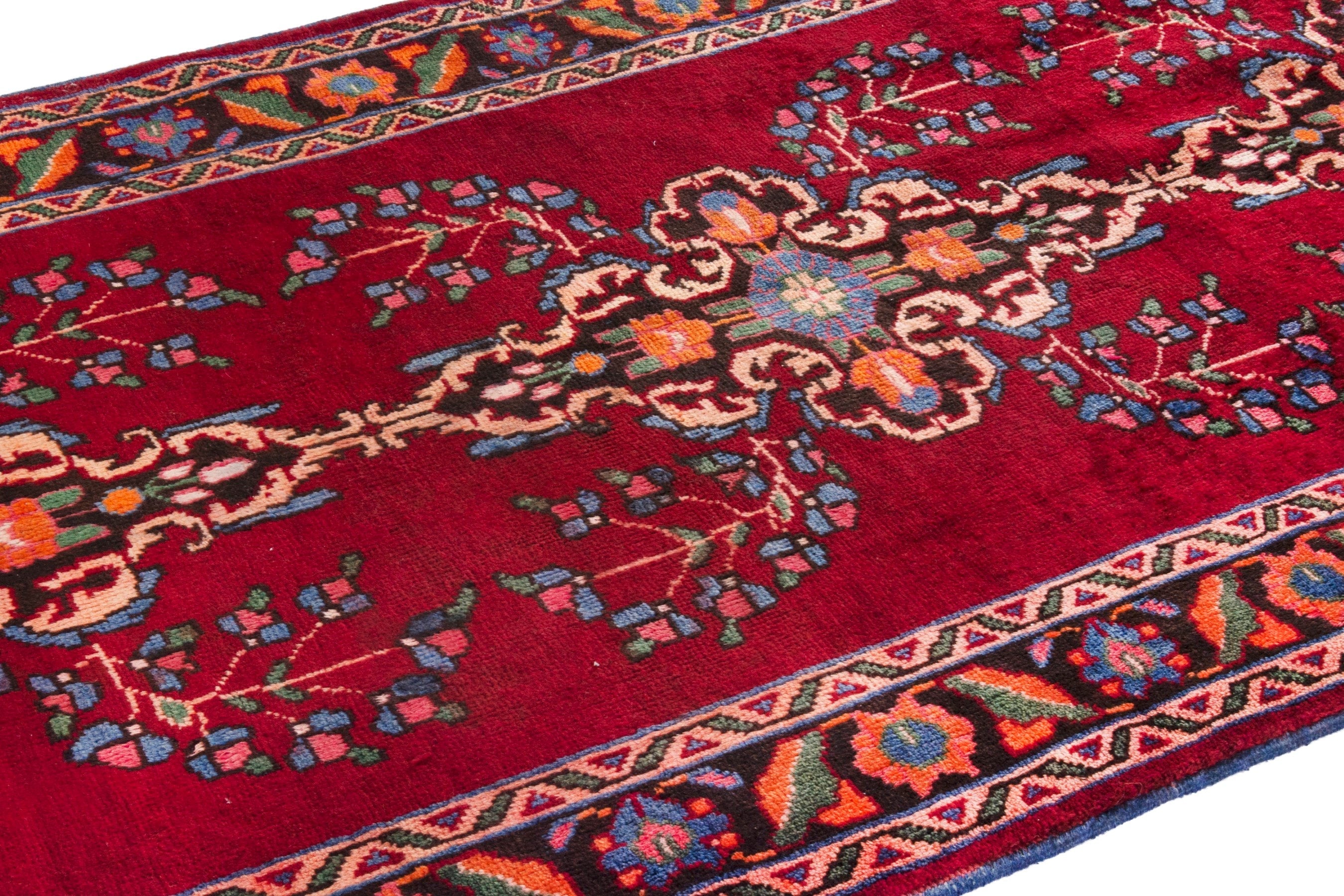 Persian Hamedan runner rug in deep red and burnt orange, view 6 of 21