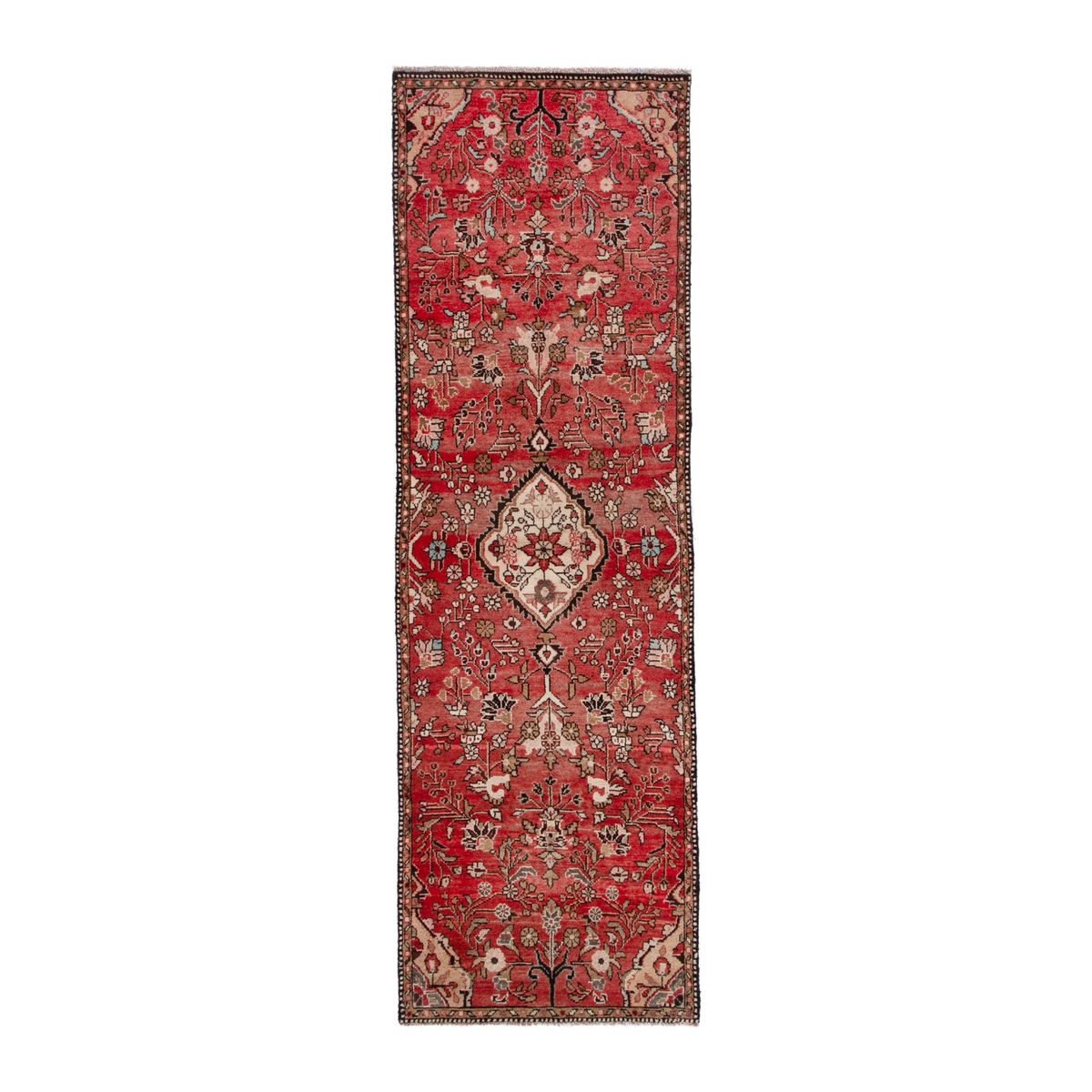 Persian Hamedan runner rug in deep red and cream, 2'11" x 9'6"