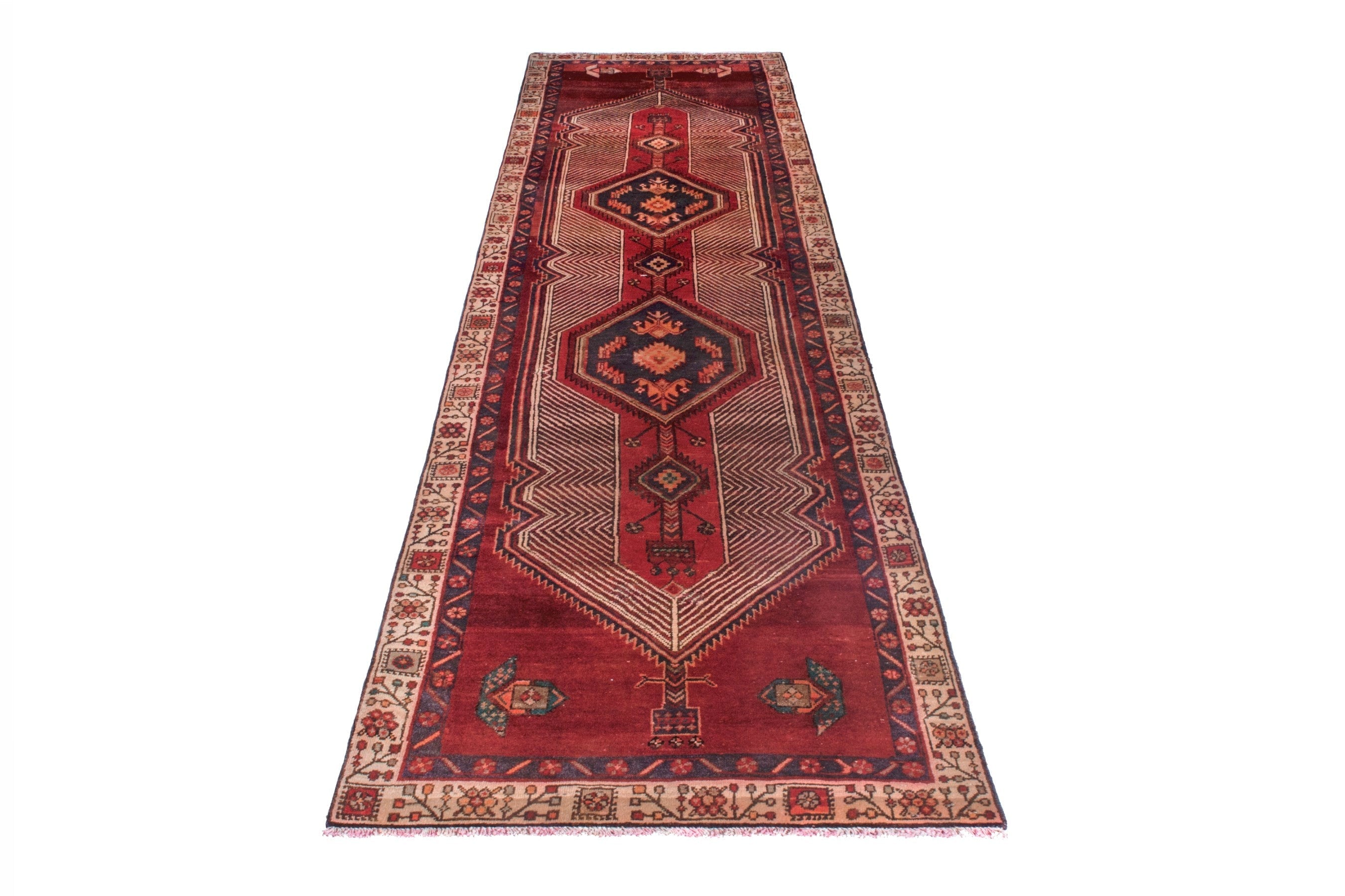 Persian Ardabil runner rug in deep red and antique gold, view 3 of 25