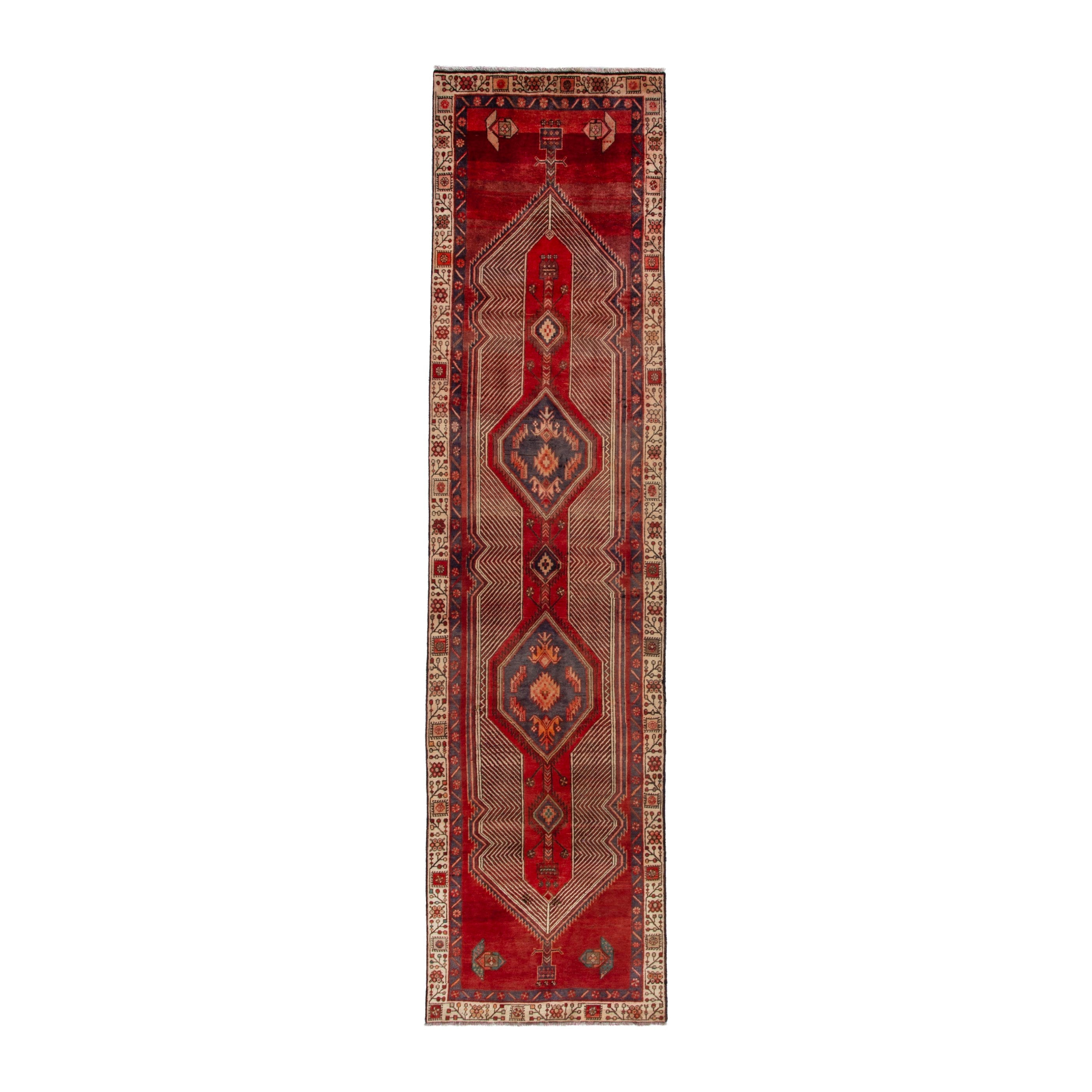 Persian Ardabil runner rug in deep red and antique gold, 3'1" x 12'11"
