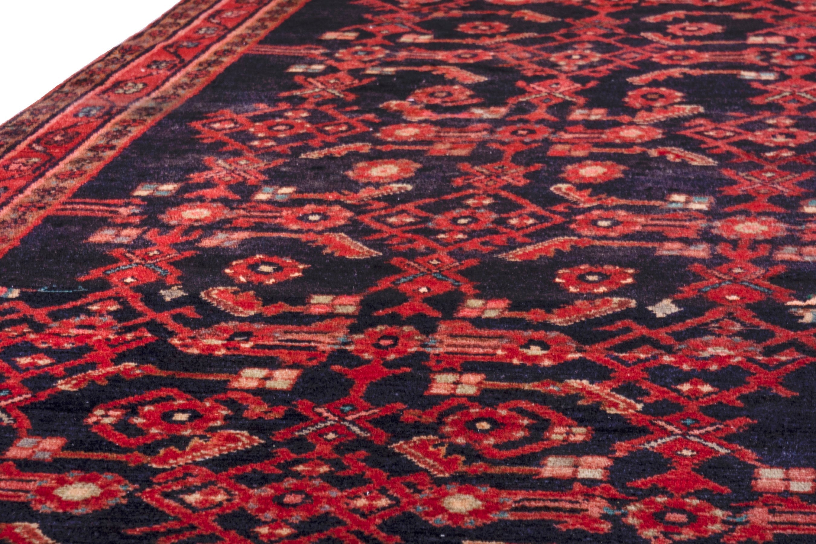 Persian Hamedan runner rug in navy and deep red, view 8 of 26