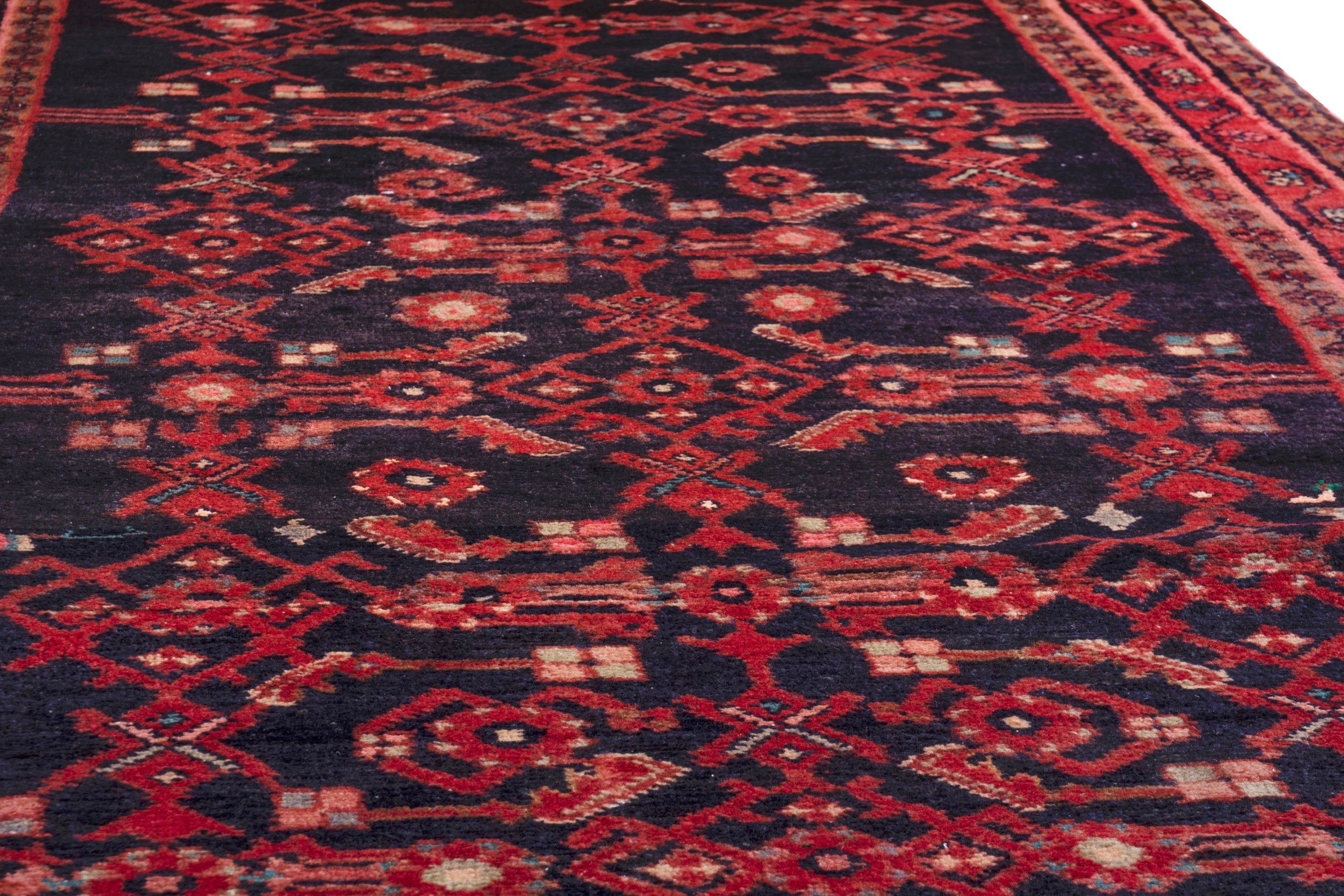 Persian Hamedan runner rug in navy and deep red, view 9 of 26