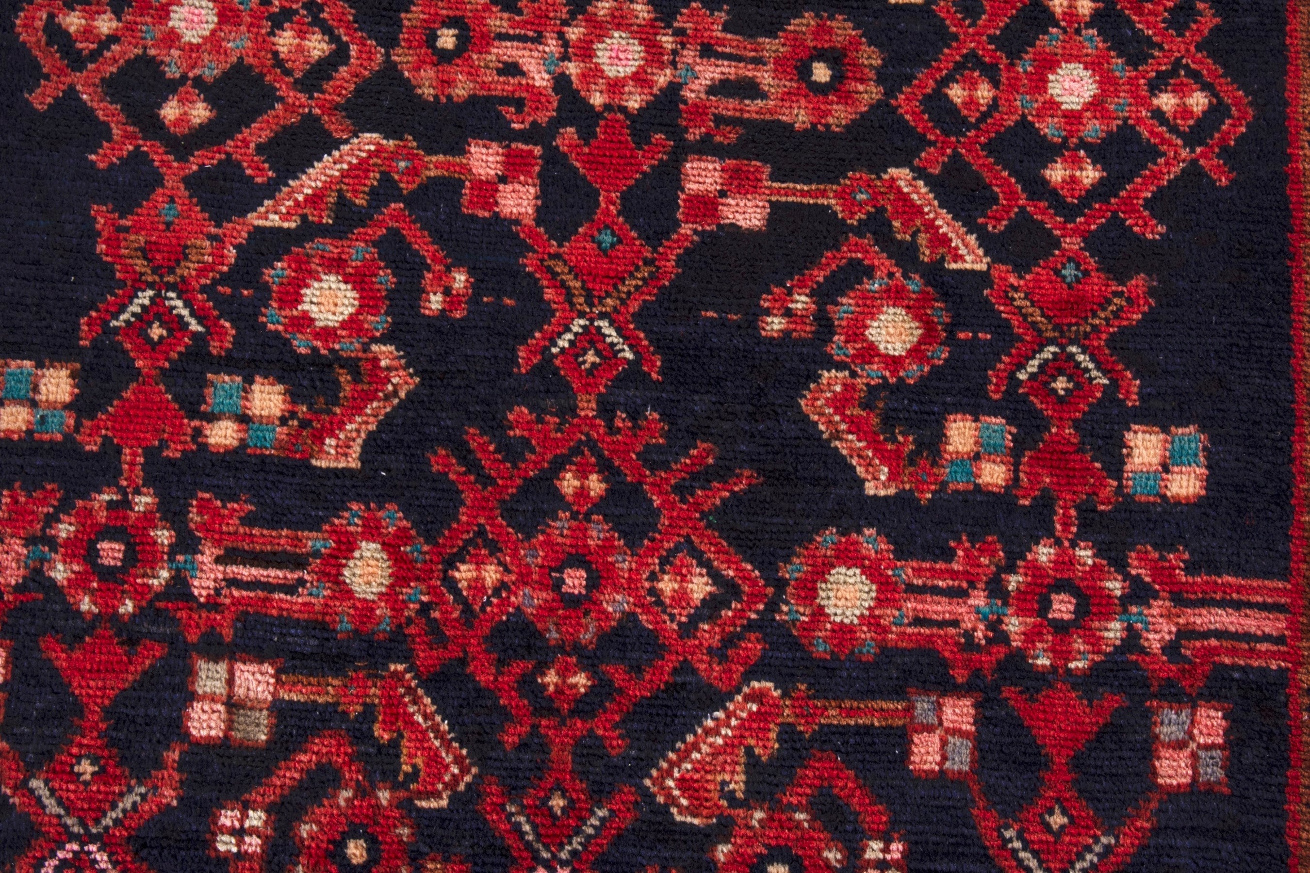 Persian Hamedan runner rug in navy and deep red, view 14 of 26