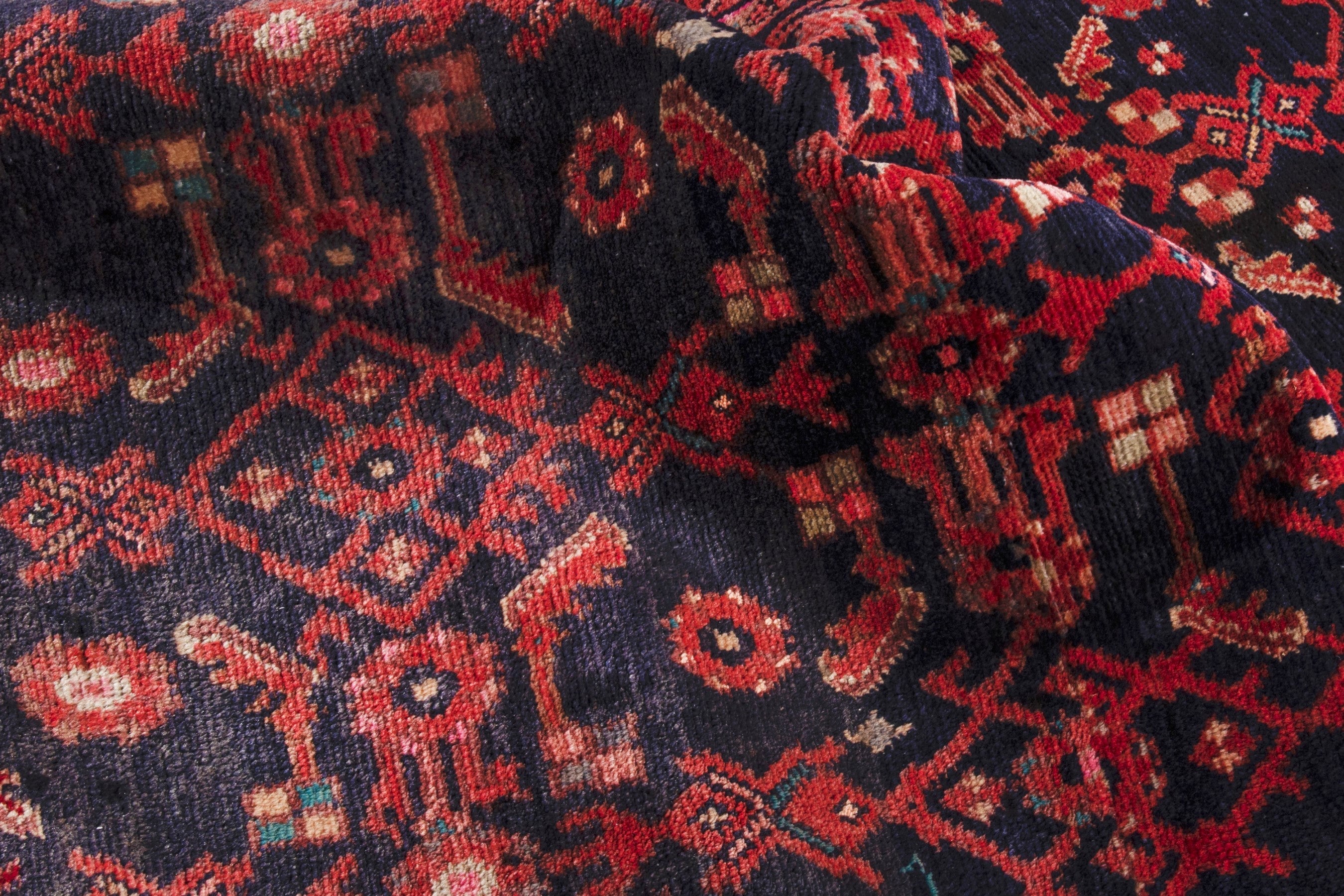 Persian Hamedan runner rug in navy and deep red, view 21 of 26