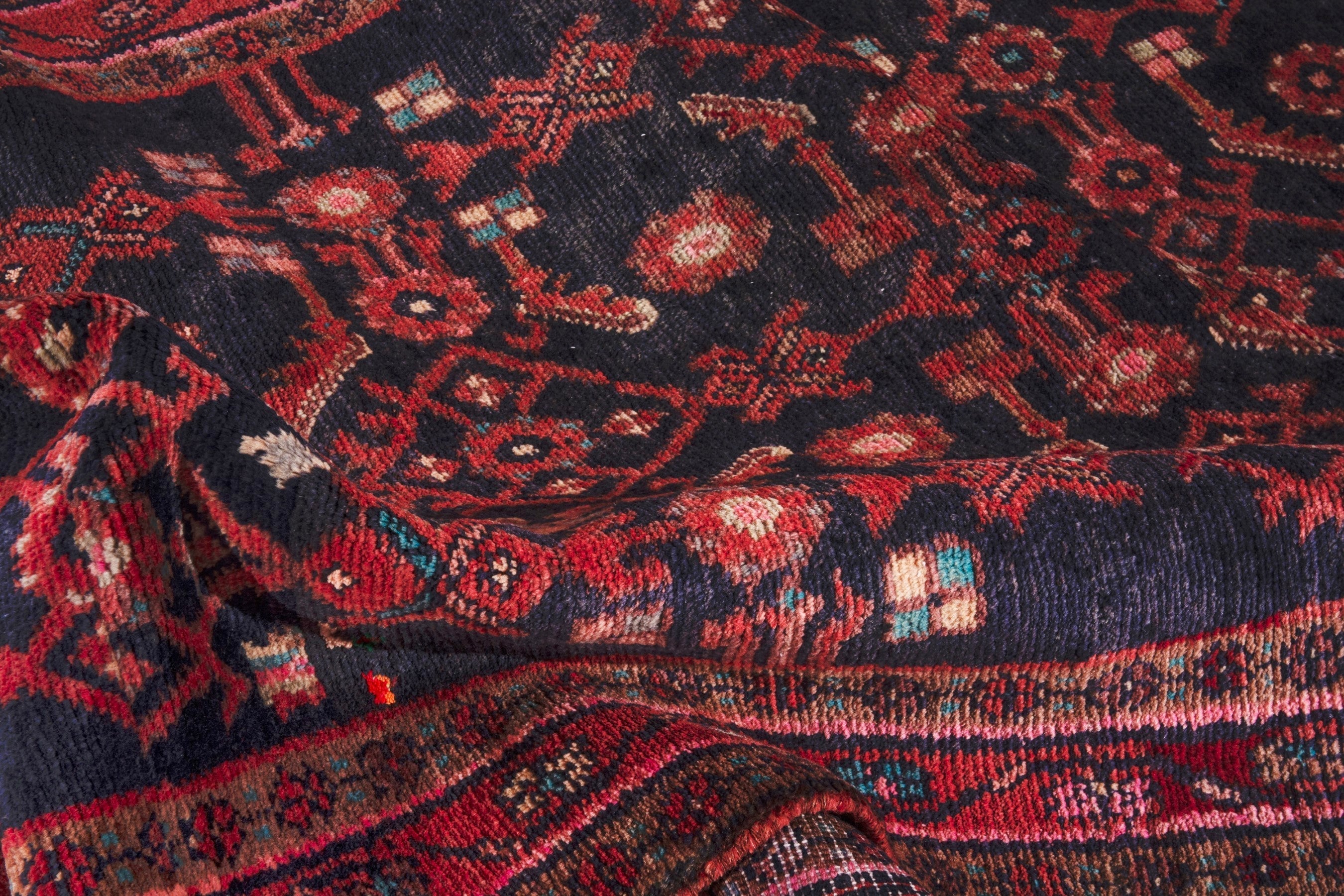 Persian Hamedan runner rug in navy and deep red, view 24 of 26