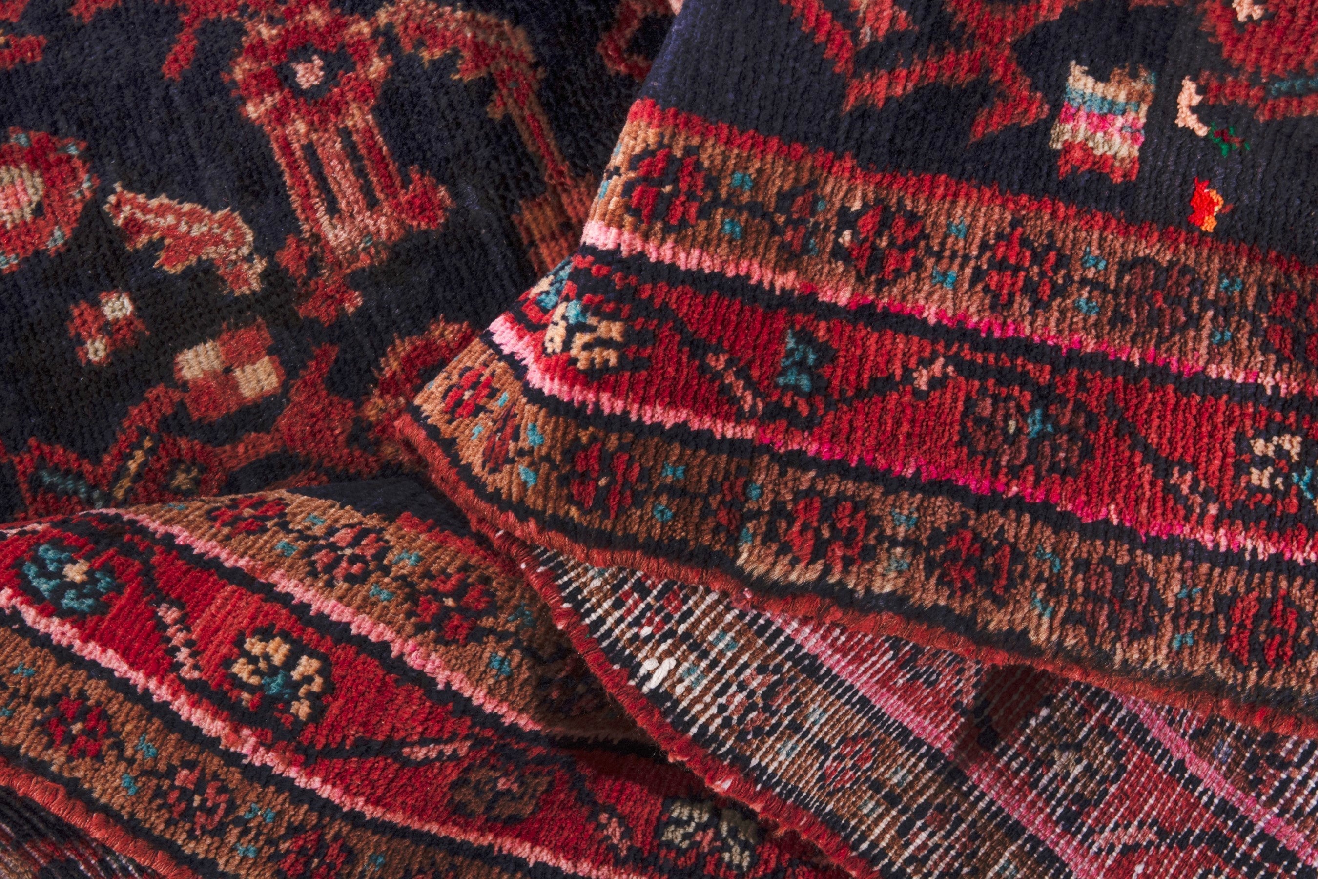 Persian Hamedan runner rug in navy and deep red, view 25 of 26