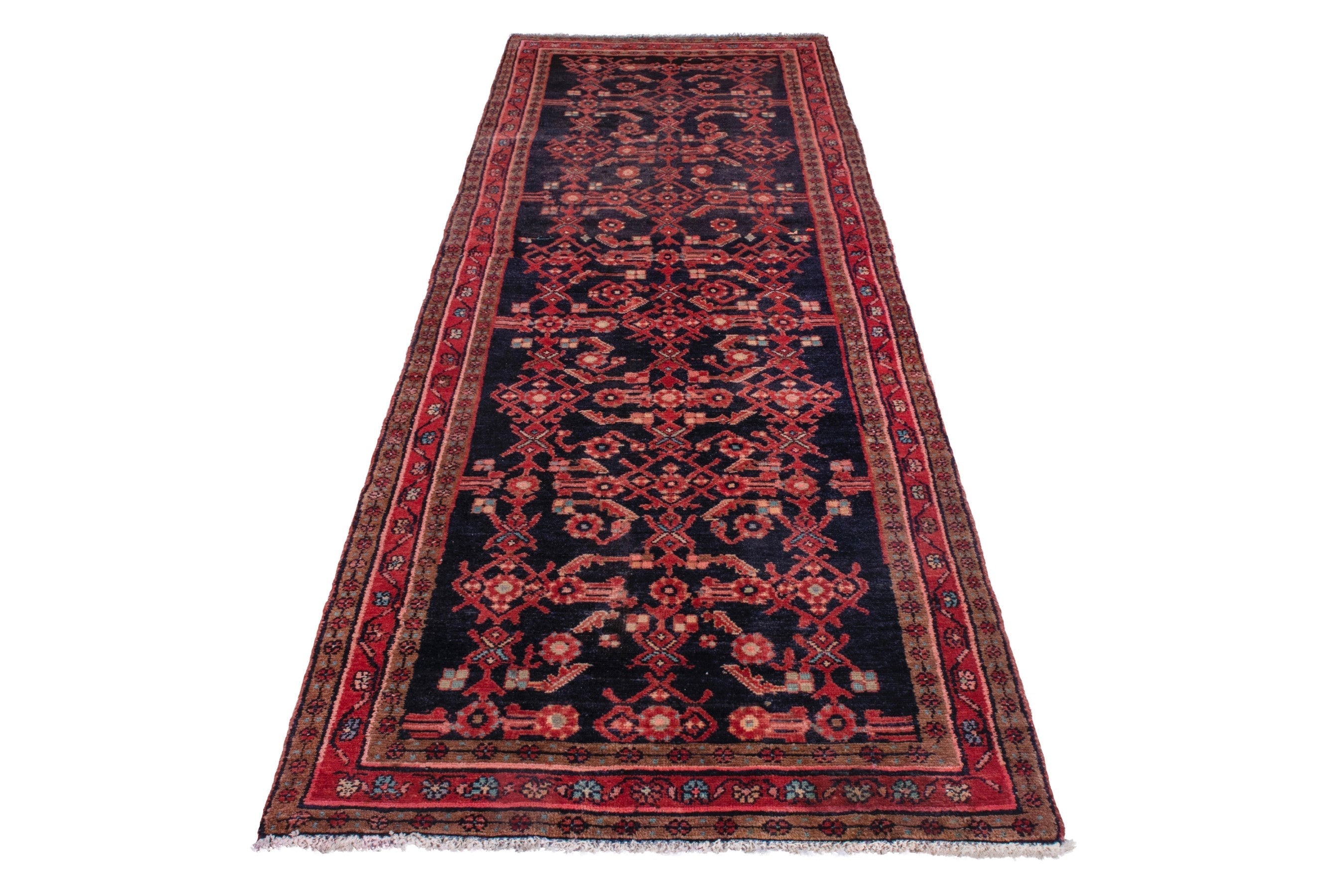 Persian Hamedan runner rug in navy and deep red, view 2 of 26