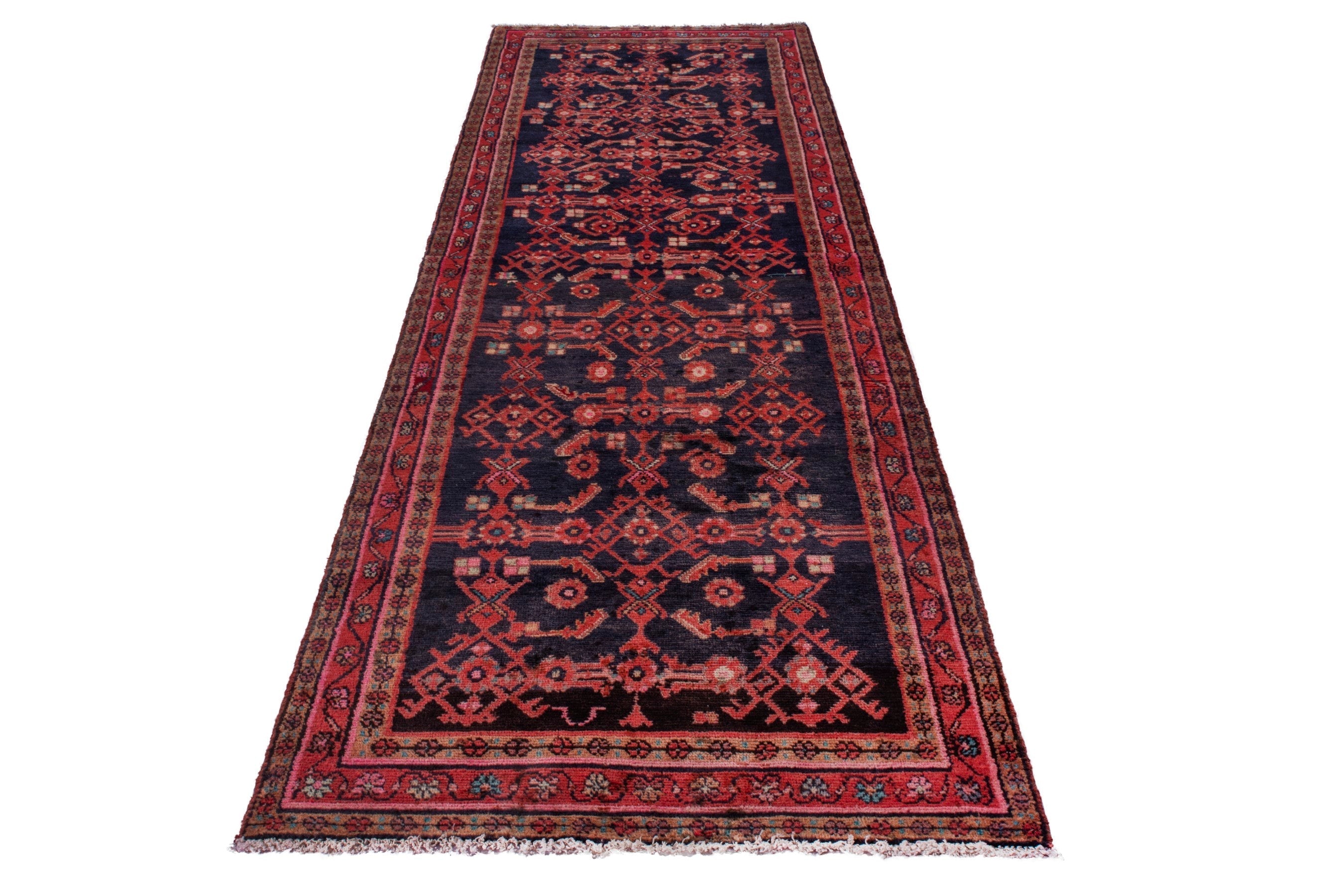 Persian Hamedan runner rug in navy and deep red, view 3 of 26