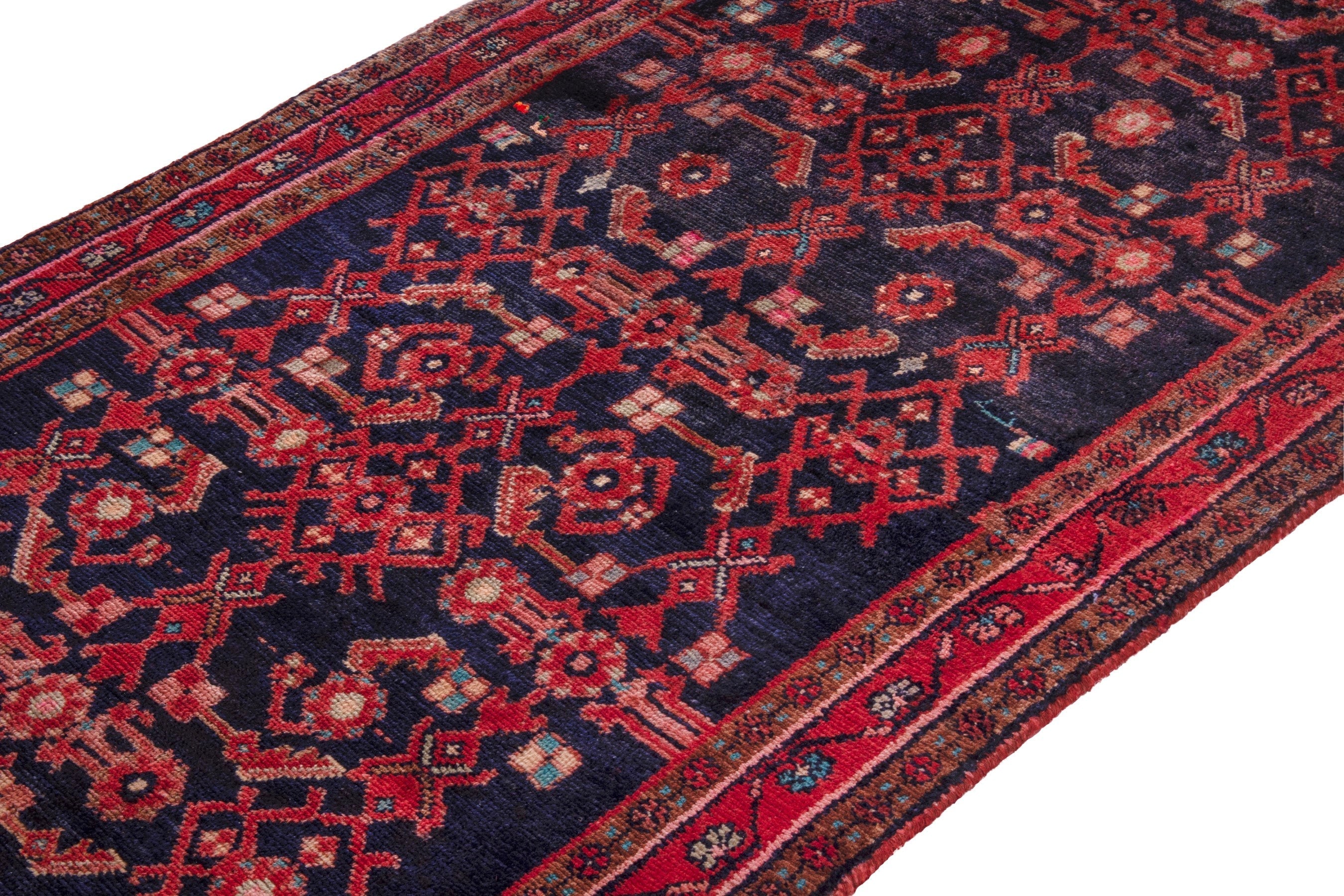 Persian Hamedan runner rug in navy and deep red, view 6 of 26