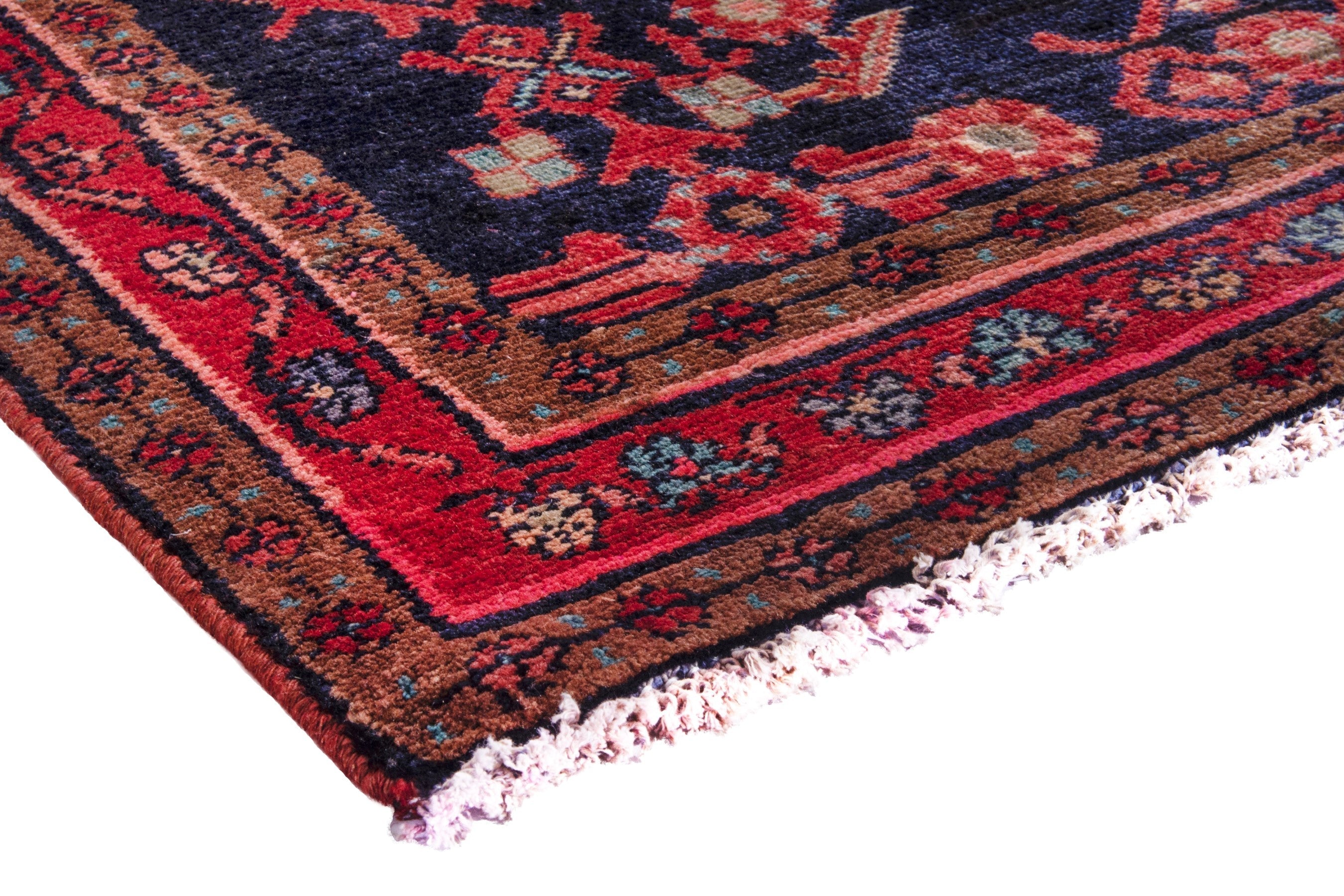 Persian Hamedan runner rug in navy and deep red, view 4 of 26