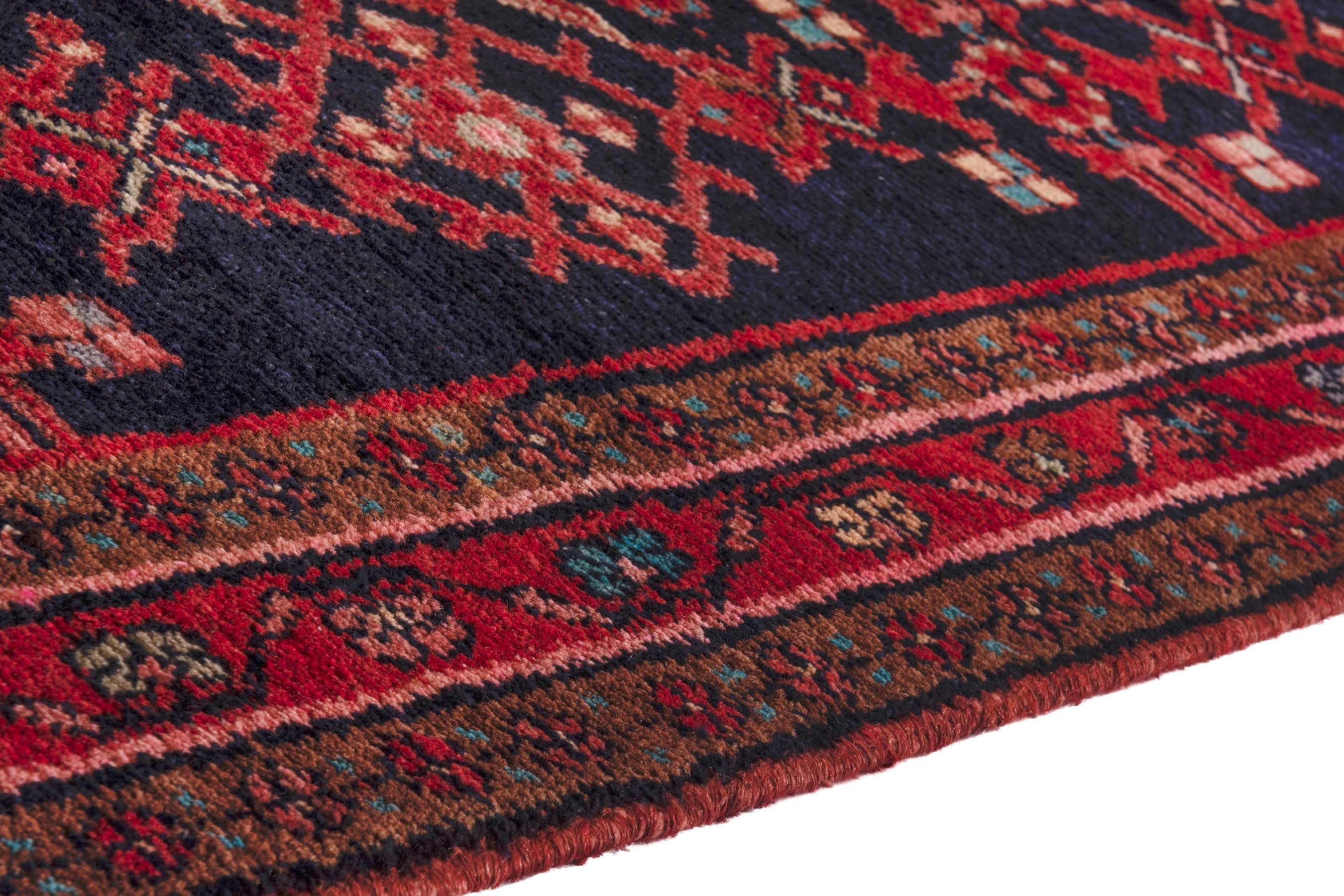 Persian Hamedan runner rug in navy and deep red, view 5 of 26