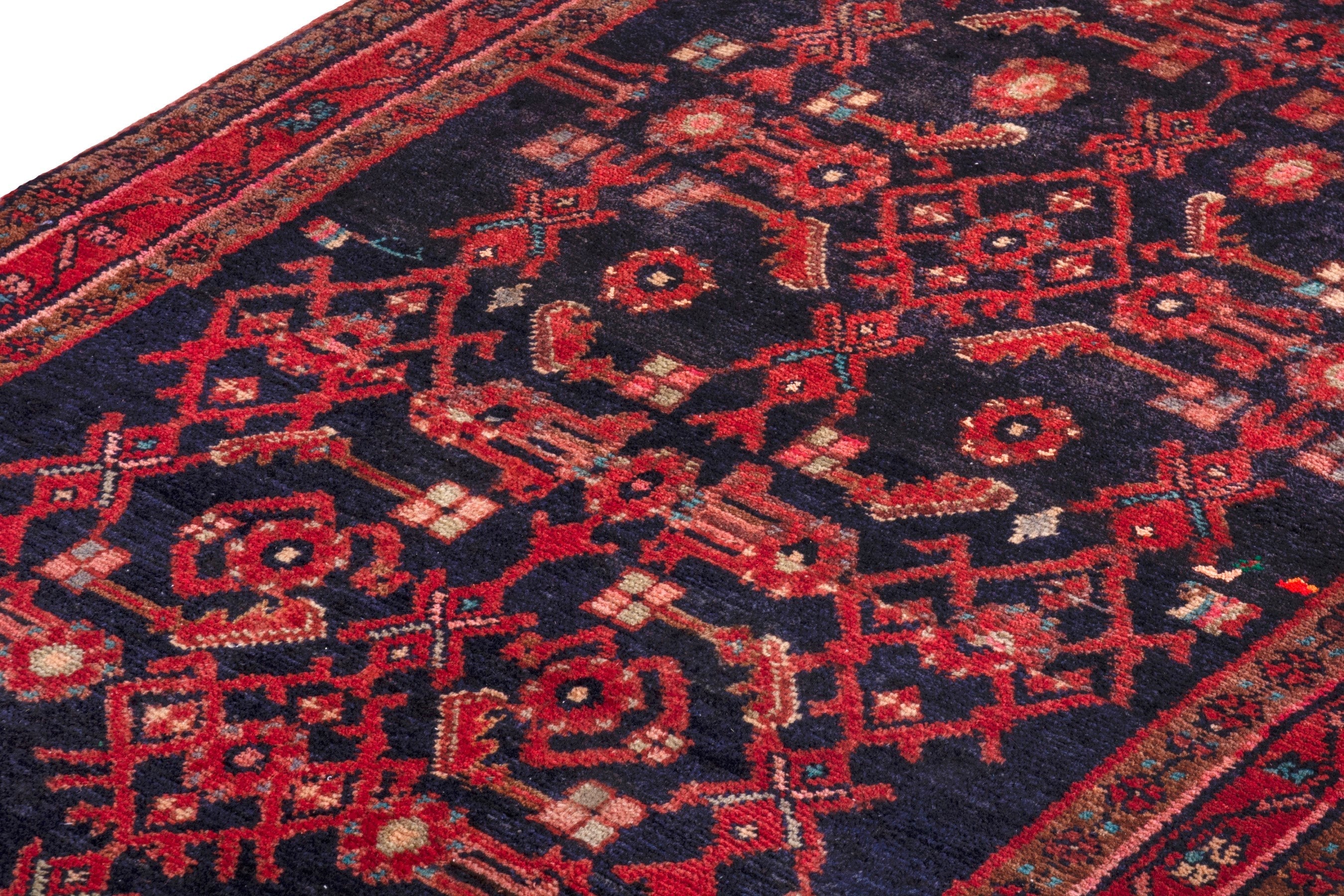 Persian Hamedan runner rug in navy and deep red, view 11 of 26