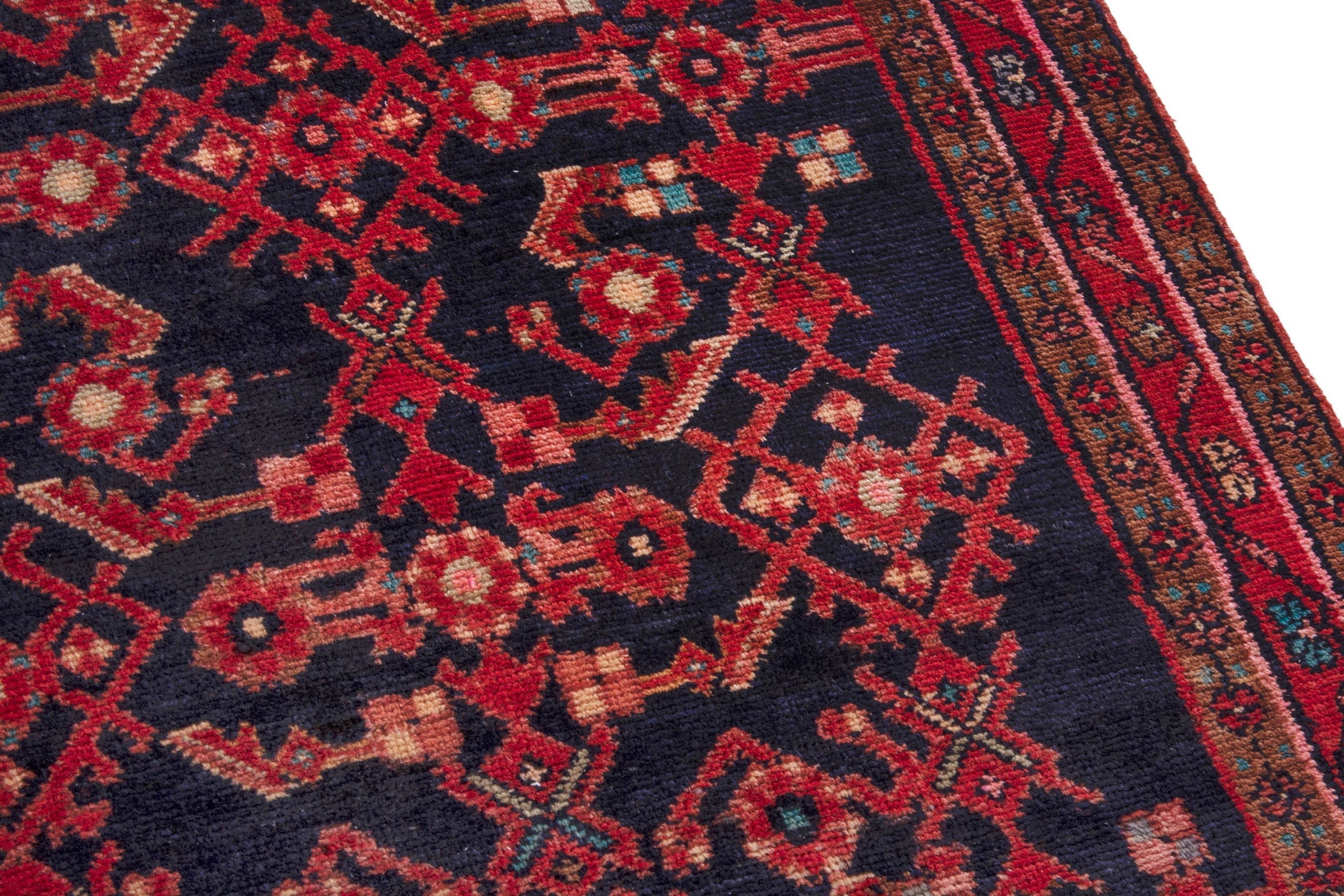 Persian Hamedan runner rug in navy and deep red, view 7 of 26