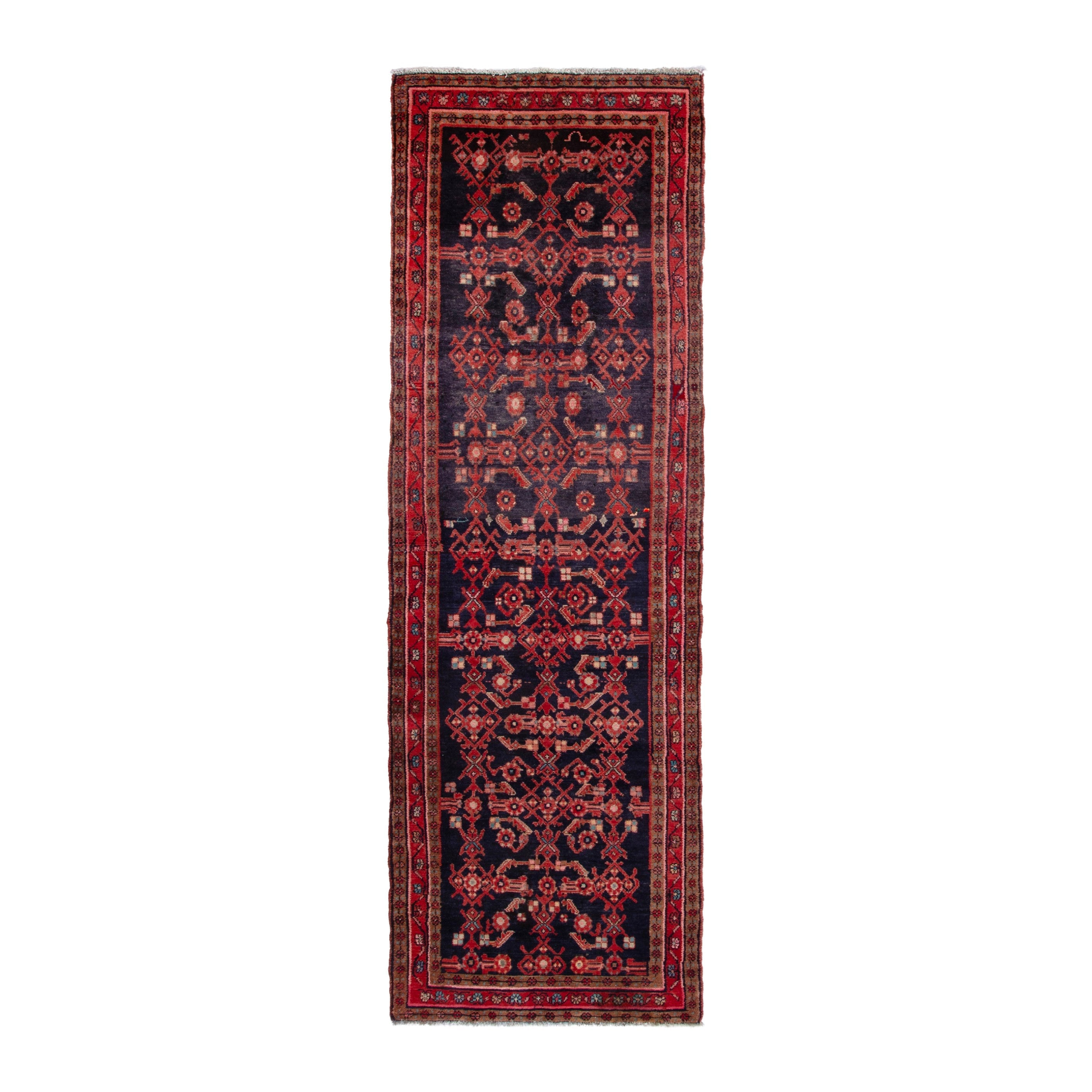 Persian Hamedan runner rug in navy and deep red, 3'7" x 11'6"