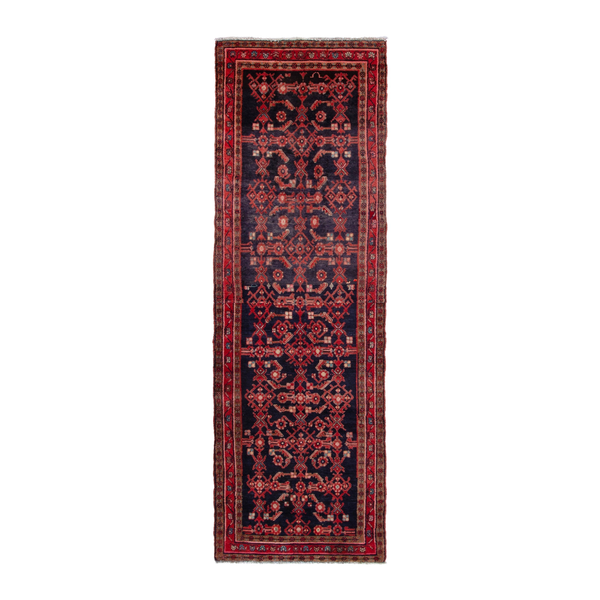 Persian Hamadan runner rug in navy and deep red, 3'7" x 11'6"