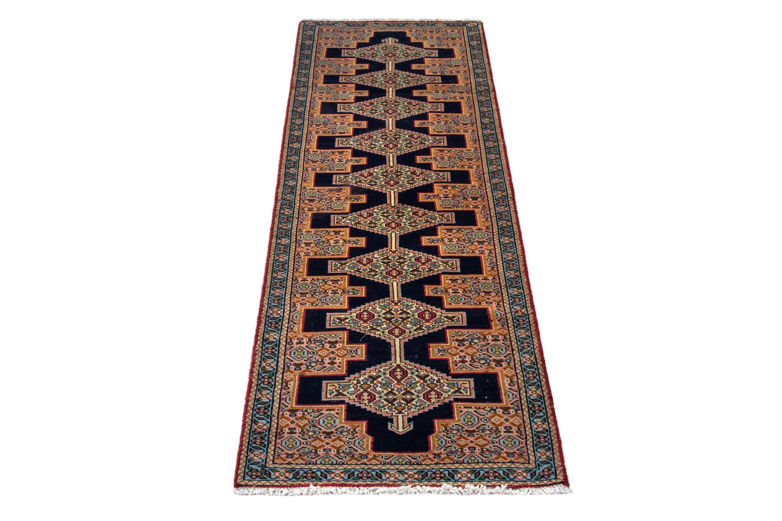Persian Sanandaj runner rug in black and terracotta, view 2 of 20