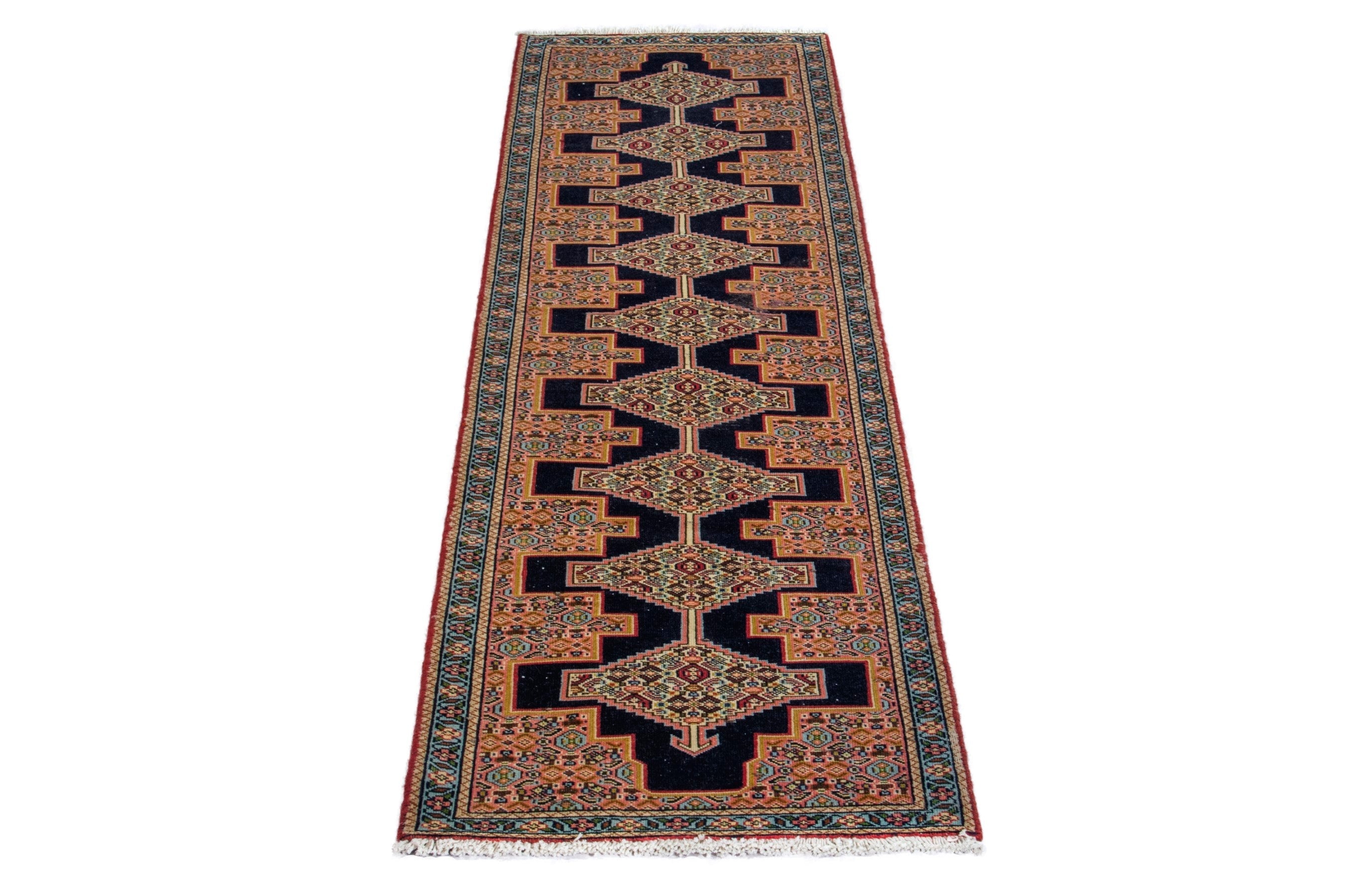 Persian Sanandaj runner rug in black and terracotta, view 3 of 20
