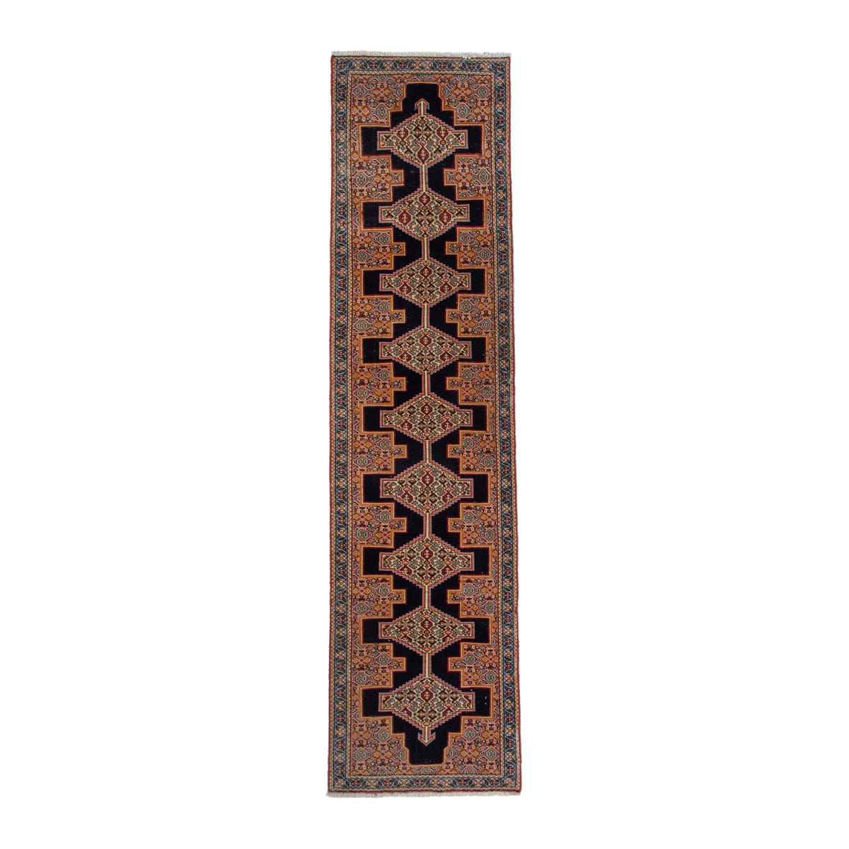 Persian Songhor runner rug in black and terracotta, 1'10" x 7'9"