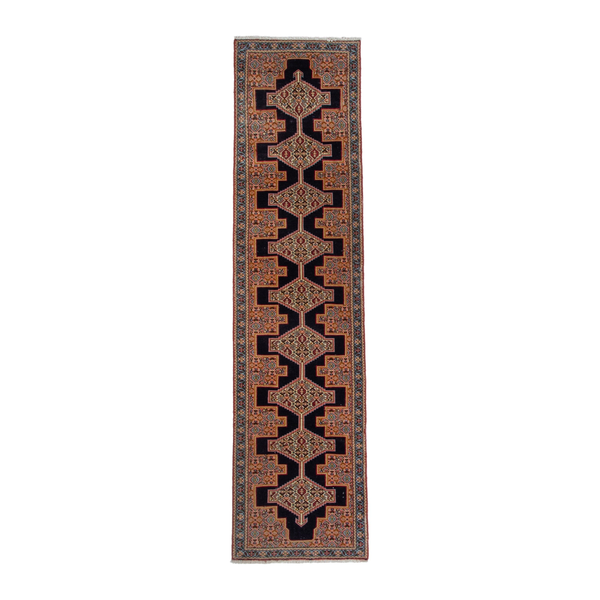 Persian Sanandaj runner rug in black and terracotta, 1'10" x 7'9"