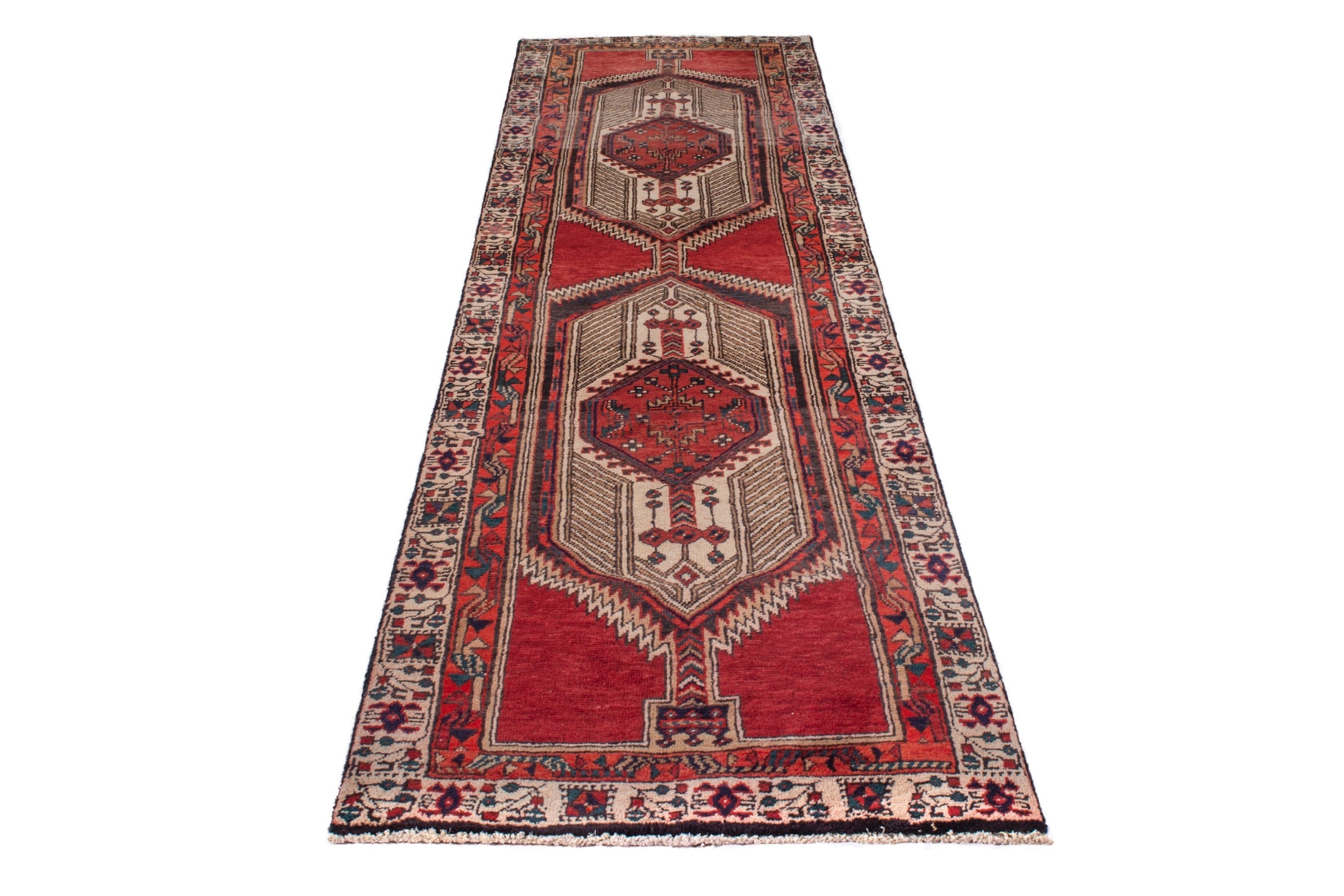 Persian Ardabil runner rug in deep red and cream, view 2 of 22
