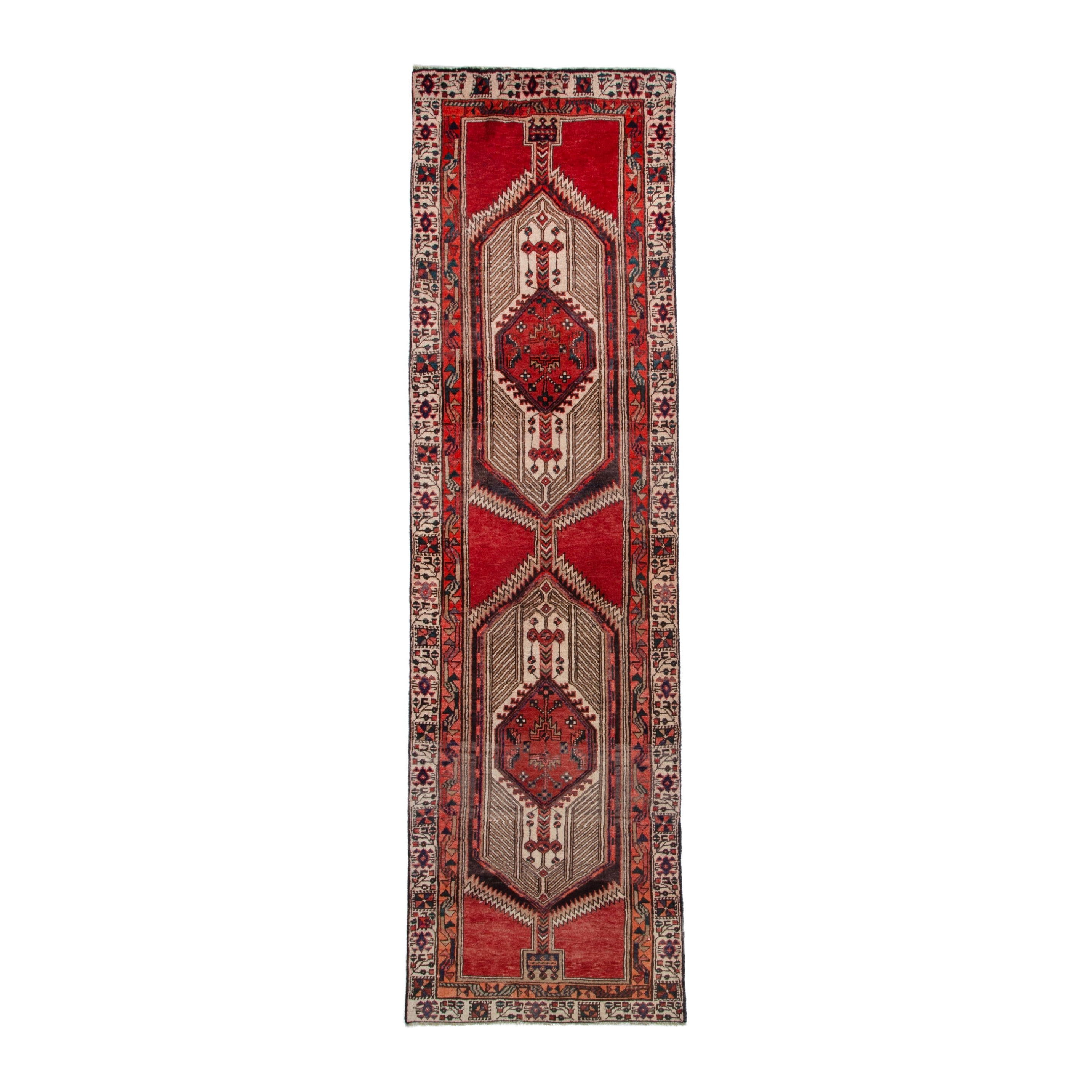 Persian Ardabil runner rug in deep red and cream, 2'11" x 10'6"